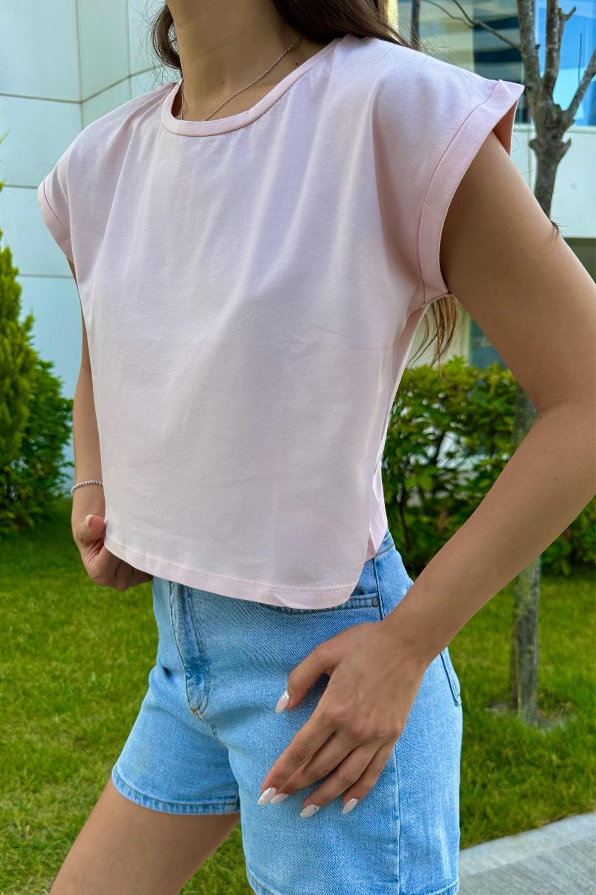 Kadın Vatka Görünümlü Bisiklet Yaka T-Shirt Pembe 3