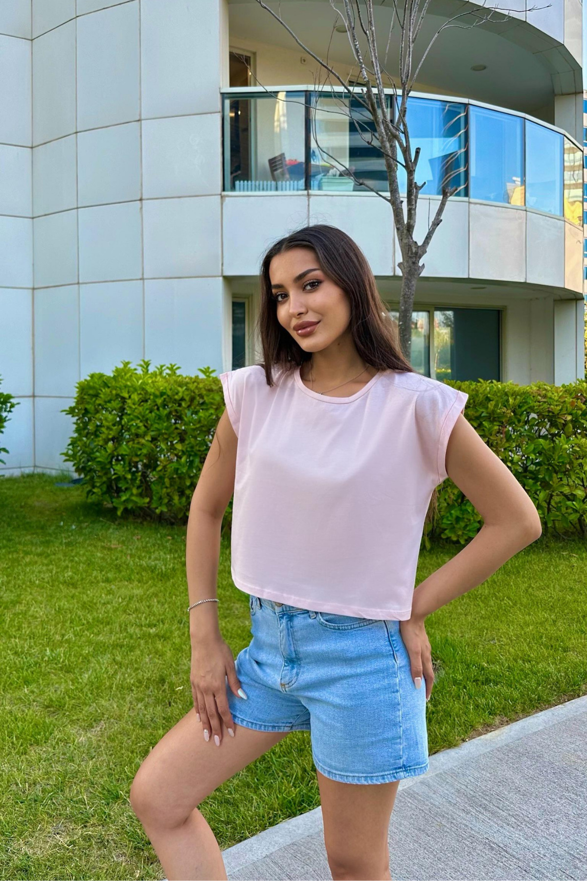Kadın Vatka Görünümlü Bisiklet Yaka T-Shirt Pembe 7
