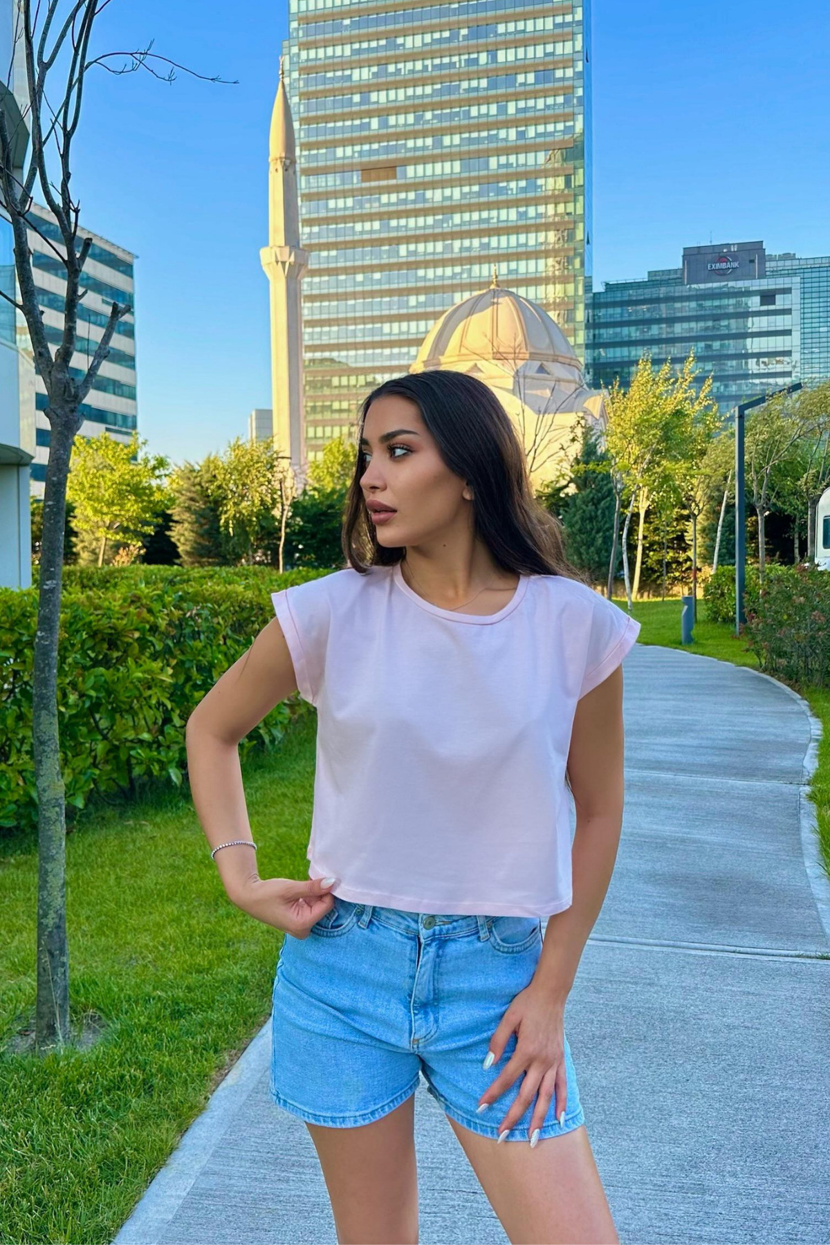 Kadın Vatka Görünümlü Bisiklet Yaka T-Shirt Pembe 6
