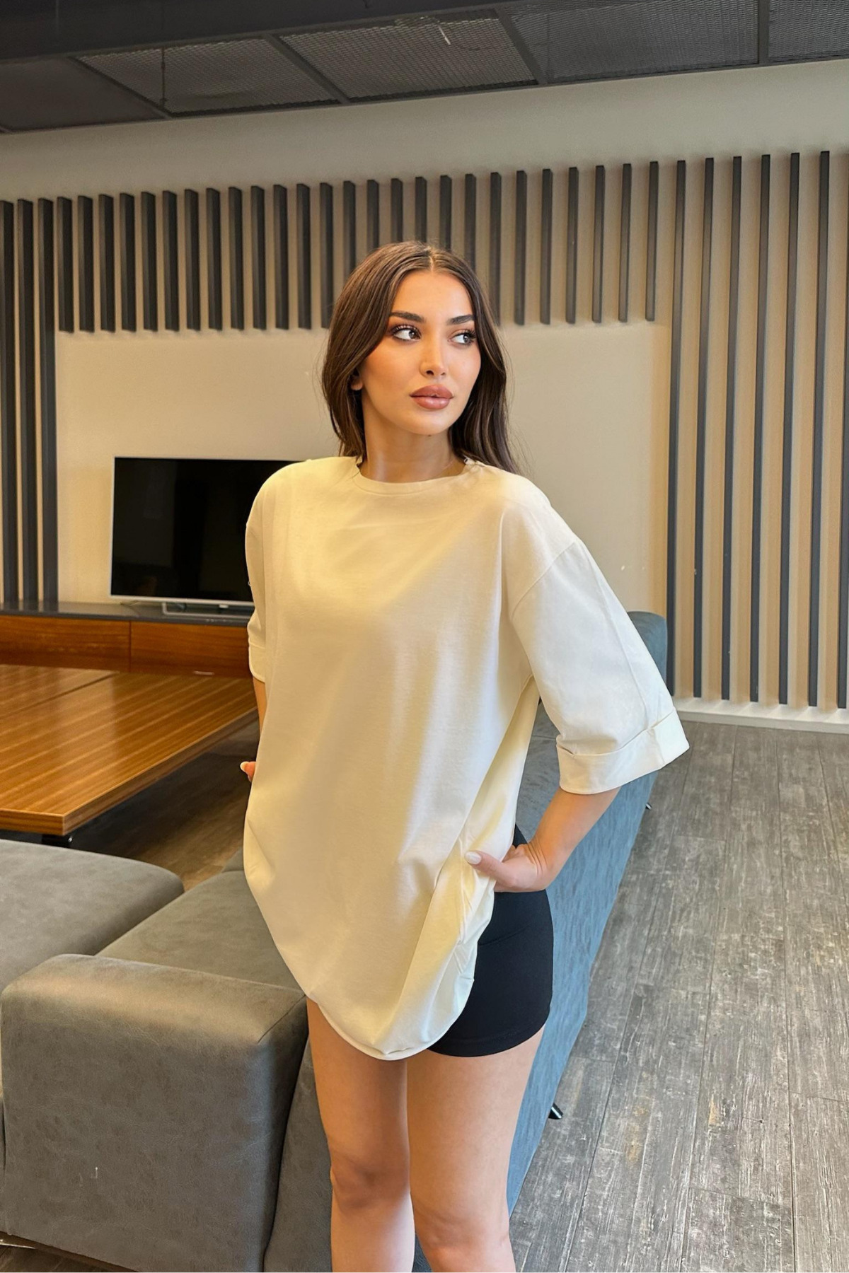 Kadın Baskısız Oversize T-Shirt Beyaz 6