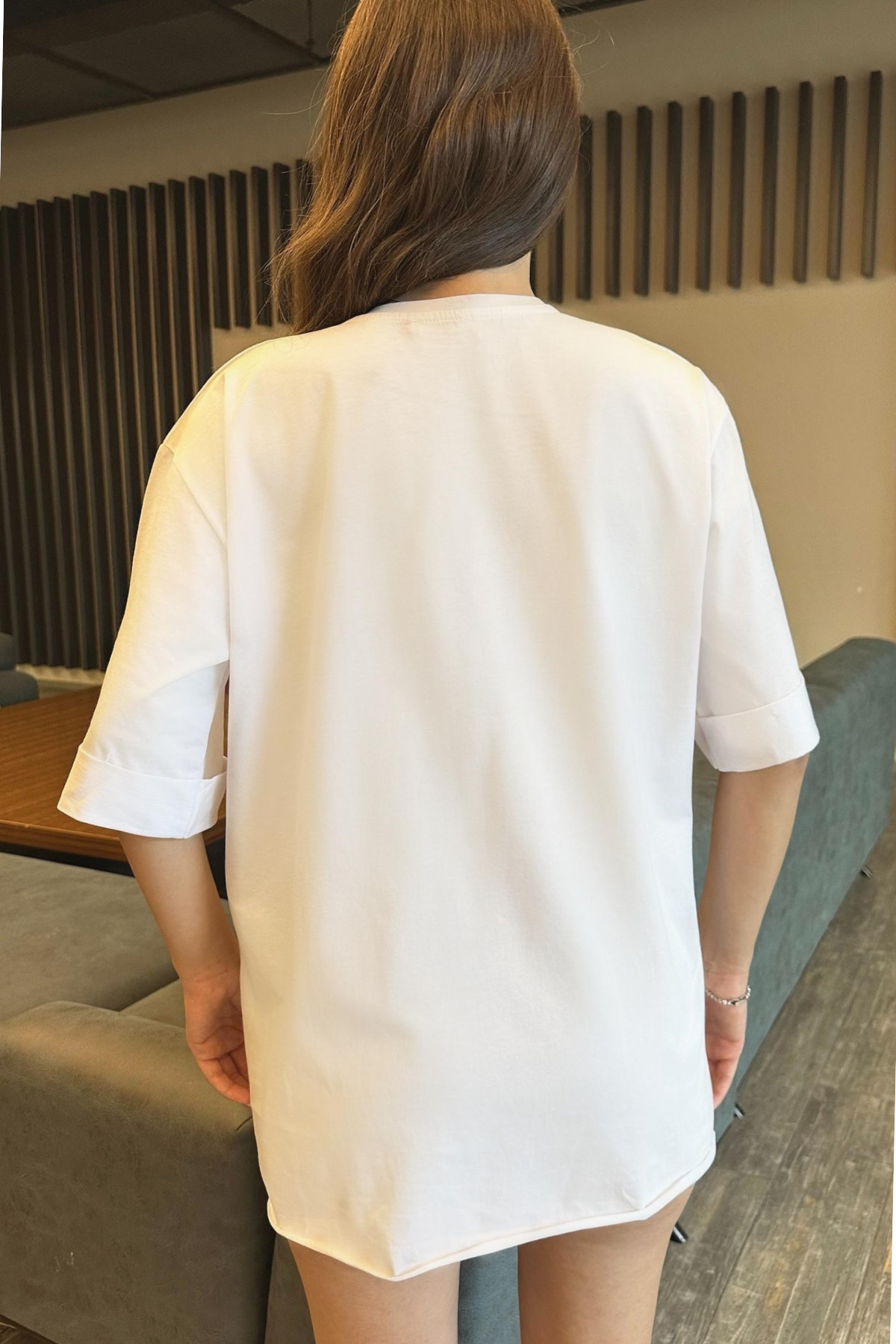 Kadın Baskısız Oversize T-Shirt Beyaz 4