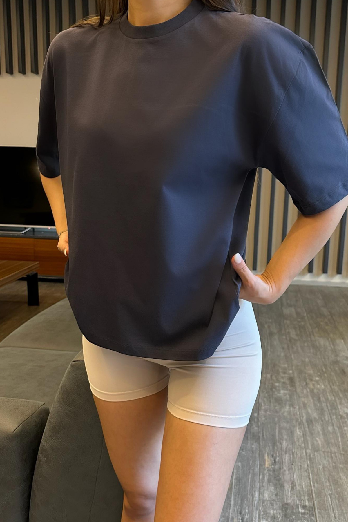Kadın Oversize Basic Pamuklu T-Shirt Lacivert 3