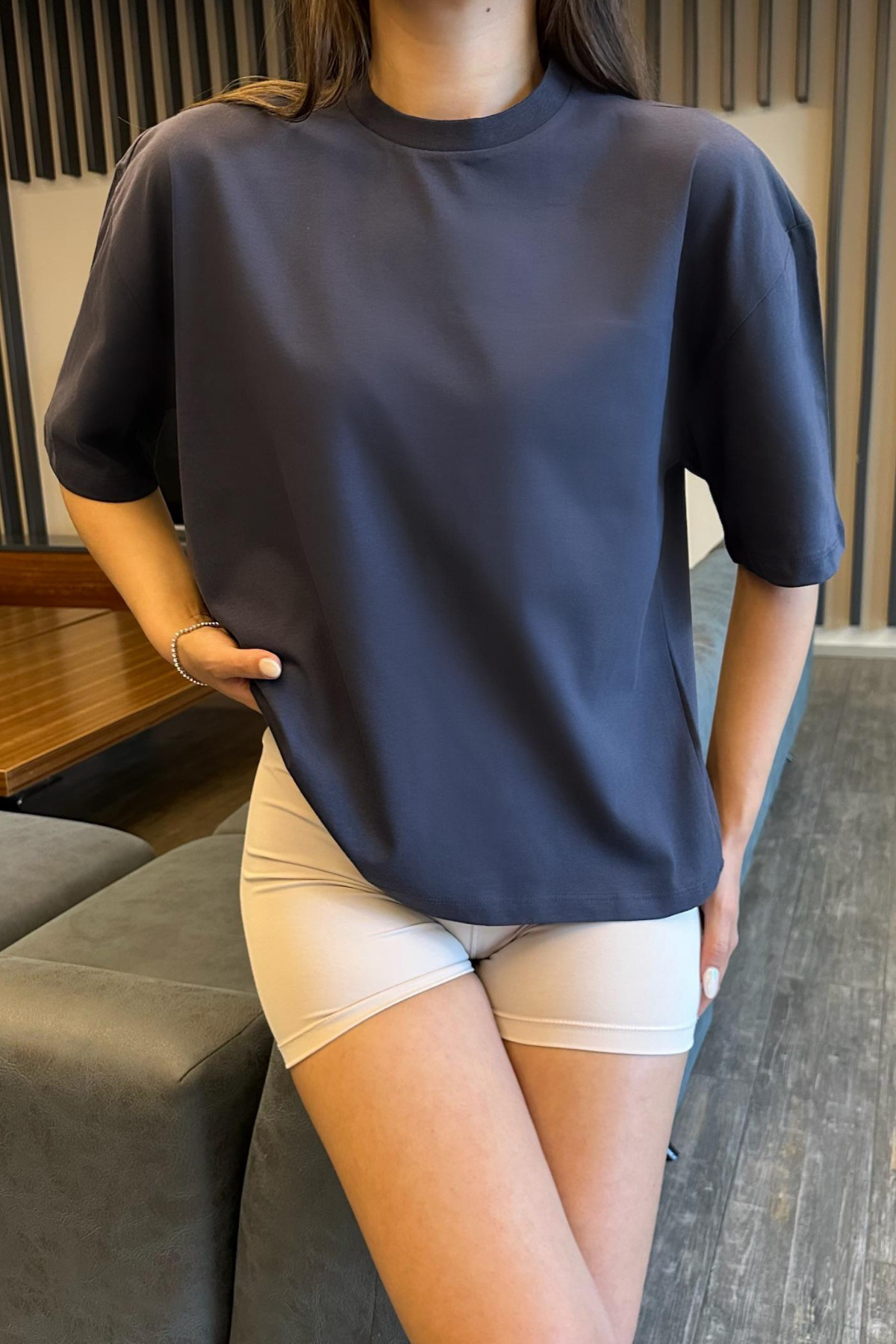 Kadın Oversize Basic Pamuklu T-Shirt Lacivert 6