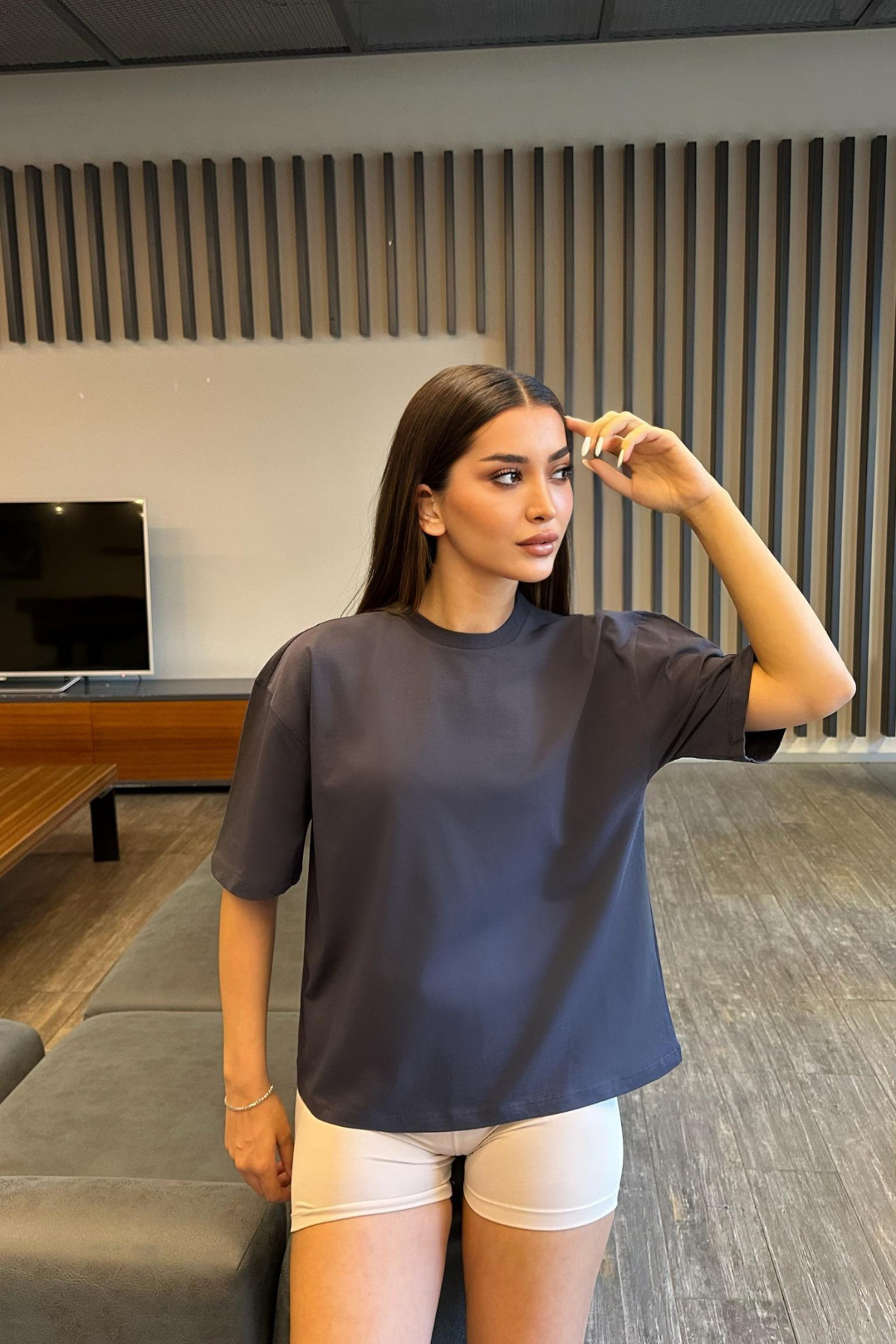 Kadın Oversize Basic Pamuklu T-Shirt Lacivert 5