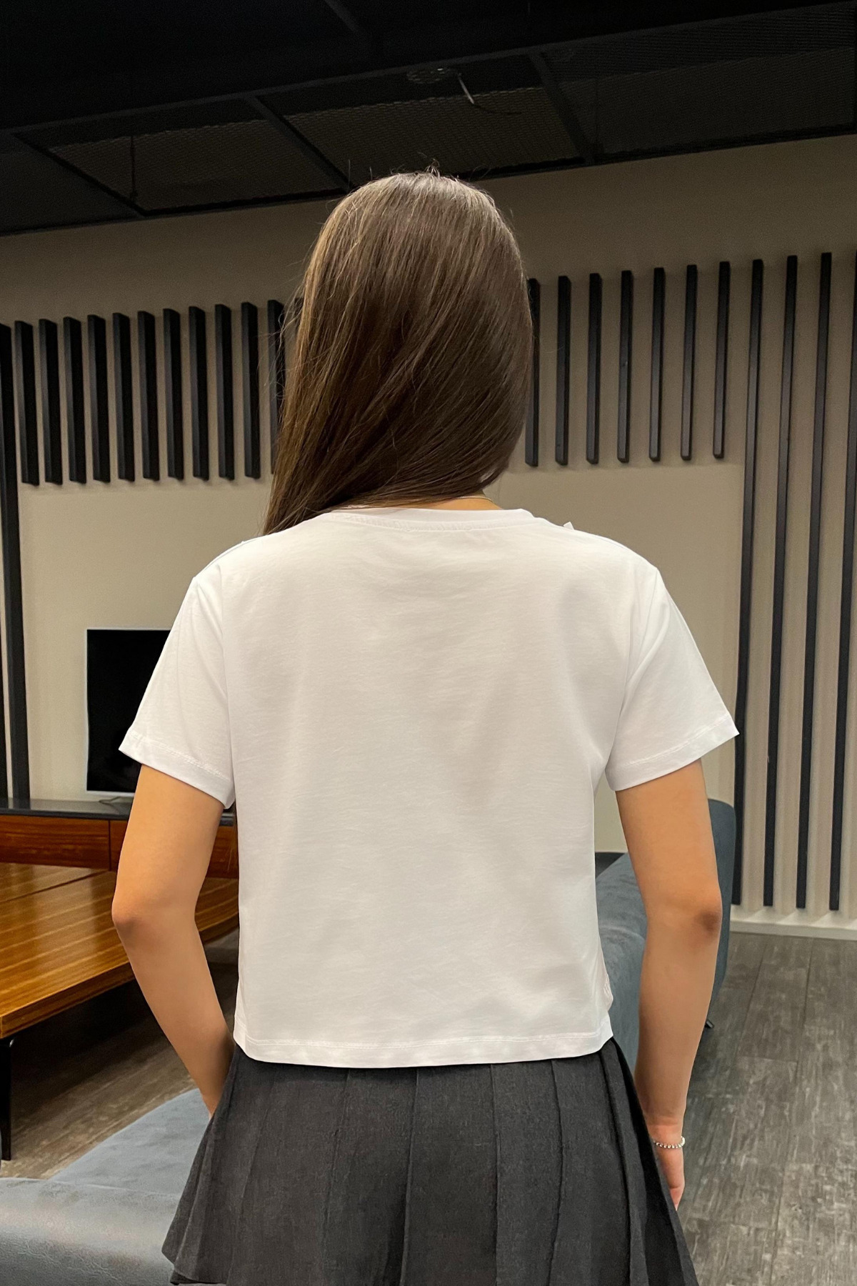 Kadın Kurdele Detaylı Bisiklet Yaka T-shirt Beyaz 3