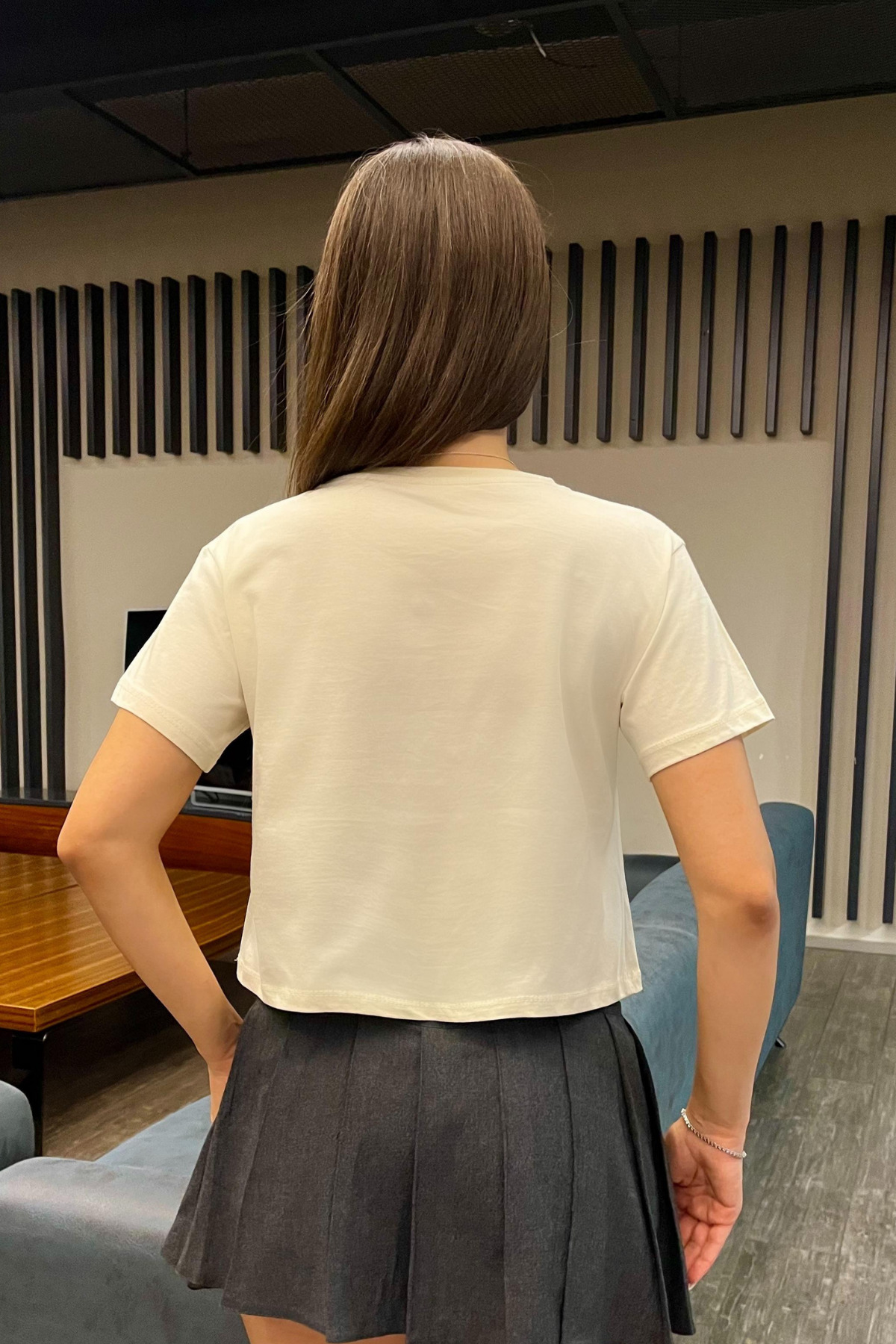 Kadın Kurdele Detaylı Bisiklet Yaka T-shirt Ekru 3