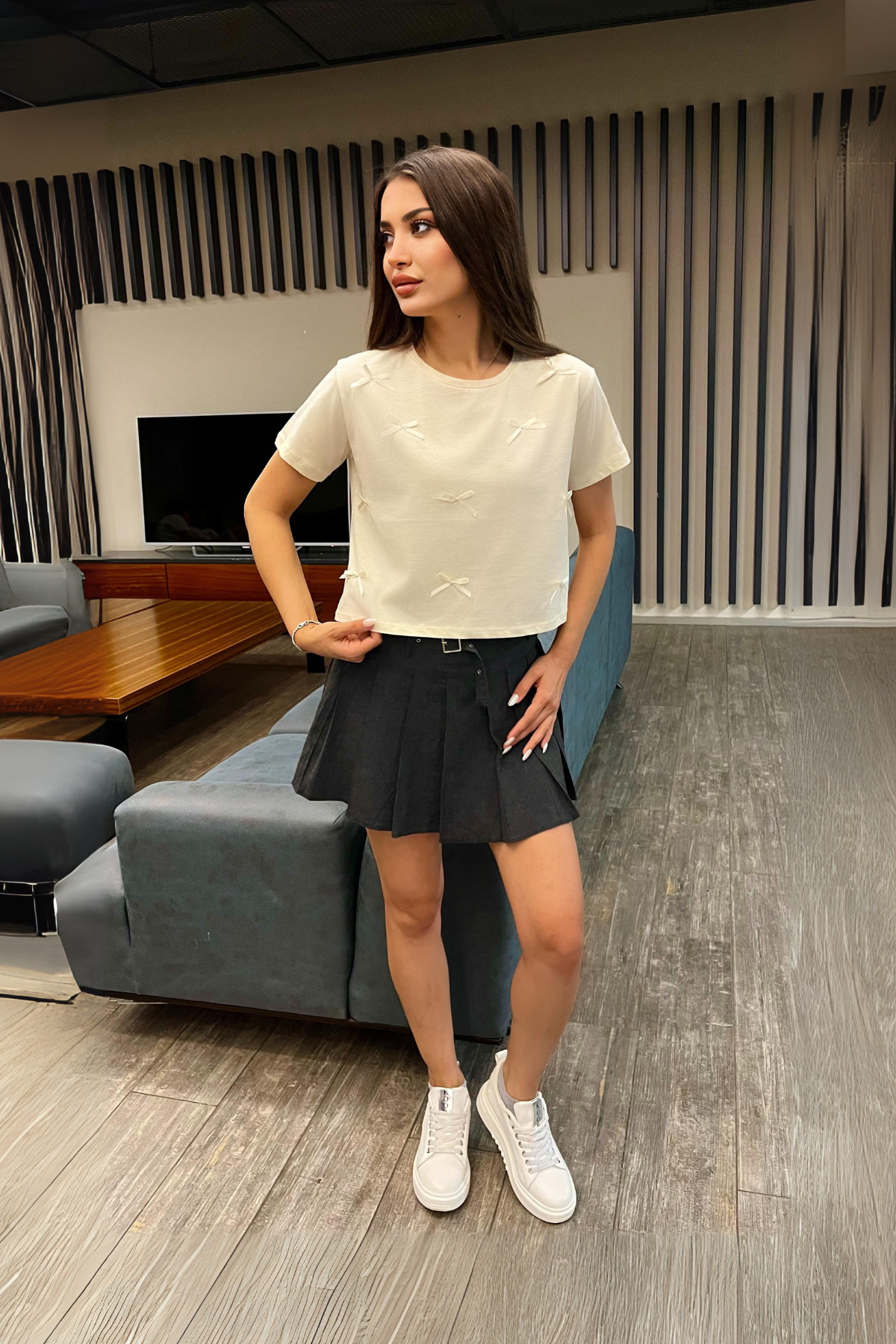 Kadın Kurdele Detaylı Bisiklet Yaka T-shirt Ekru 5