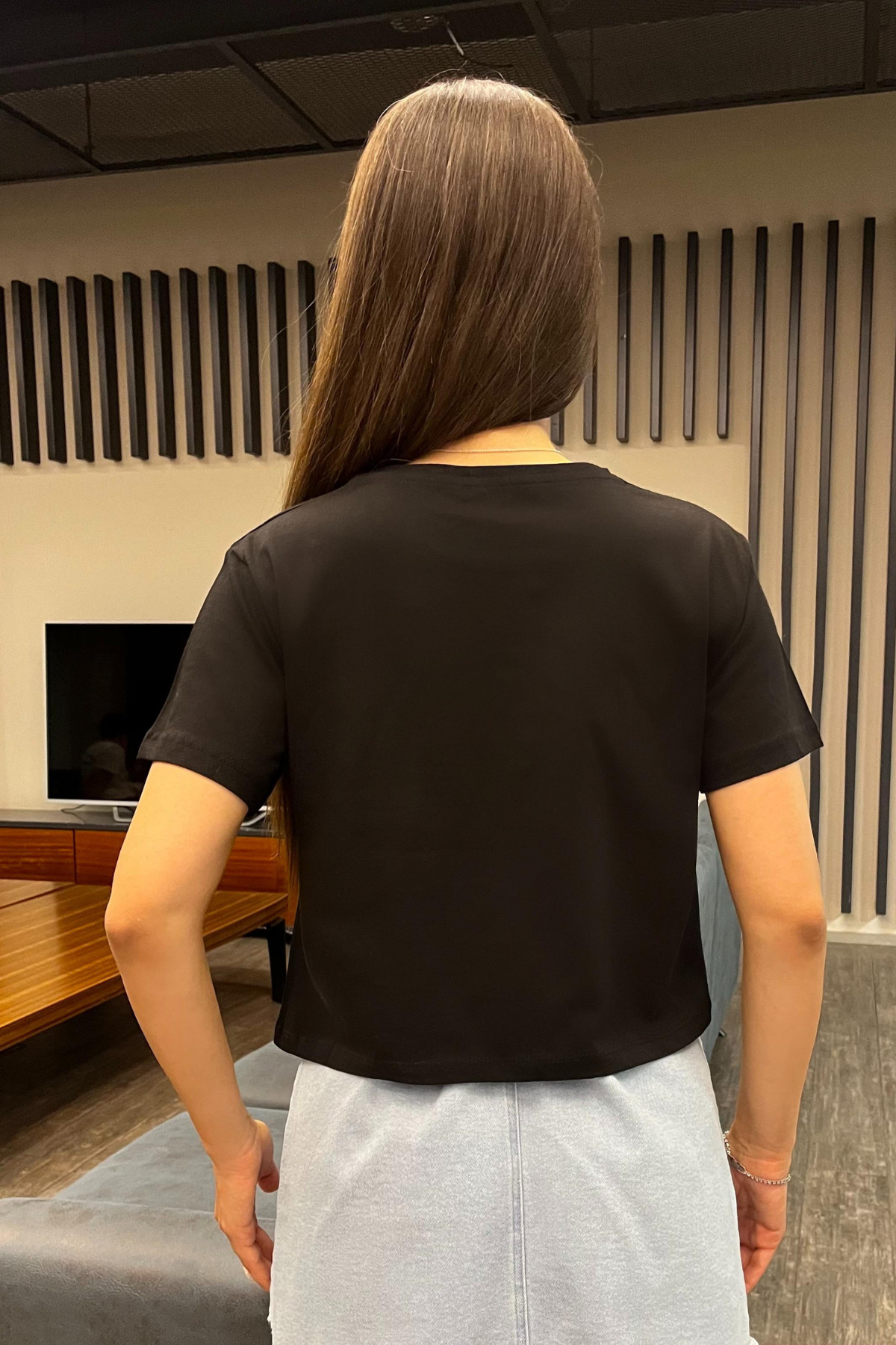 Kadın Kurdele Detaylı Bisiklet Yaka T-shirt Siyah 3
