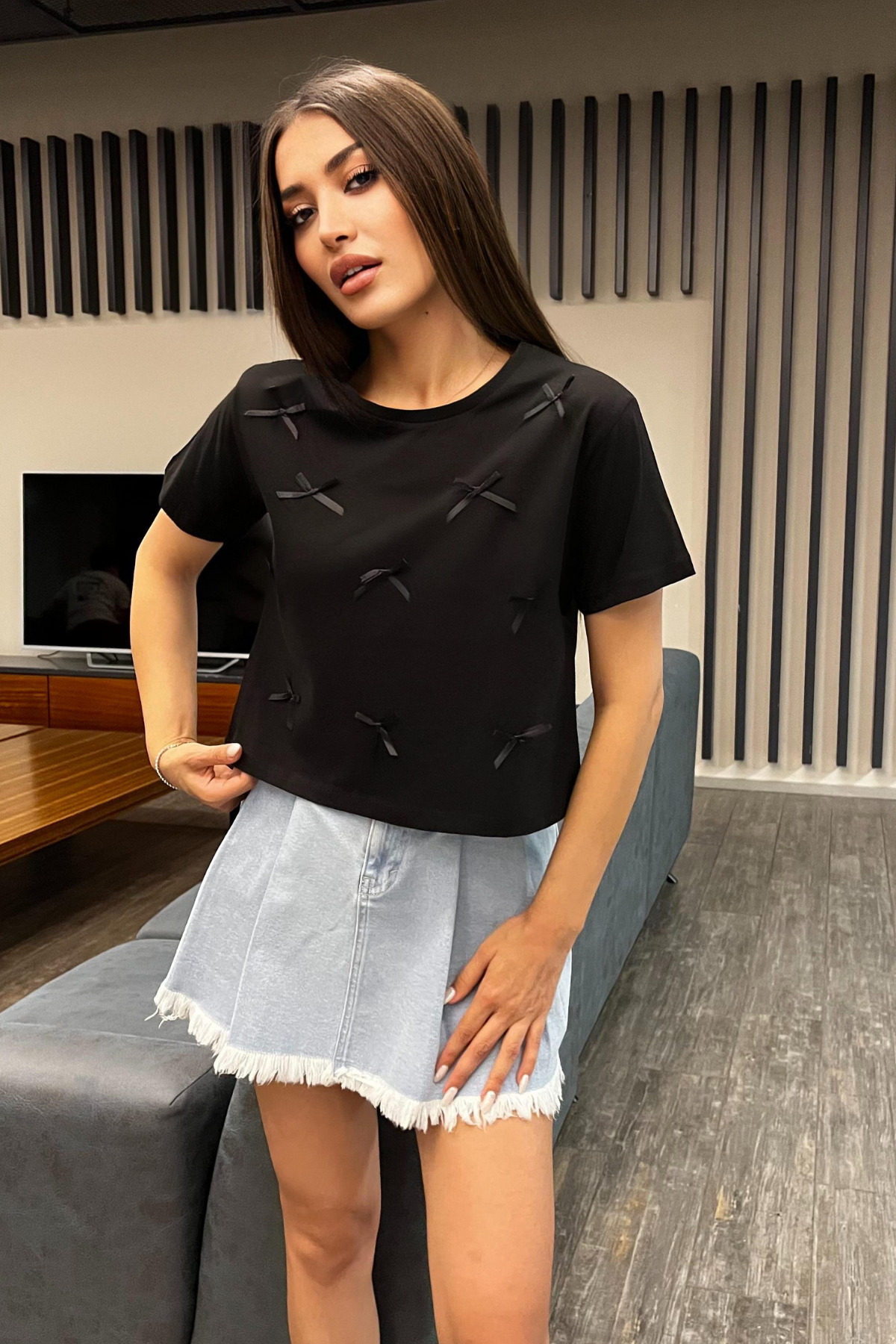 Kadın Kurdele Detaylı Bisiklet Yaka T-shirt Siyah 6