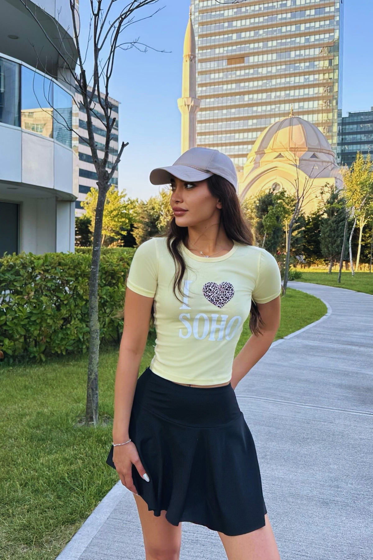 Kadın Baskılı Likralı Bisiklet Yaka Crop T-Shirt Sarı 4