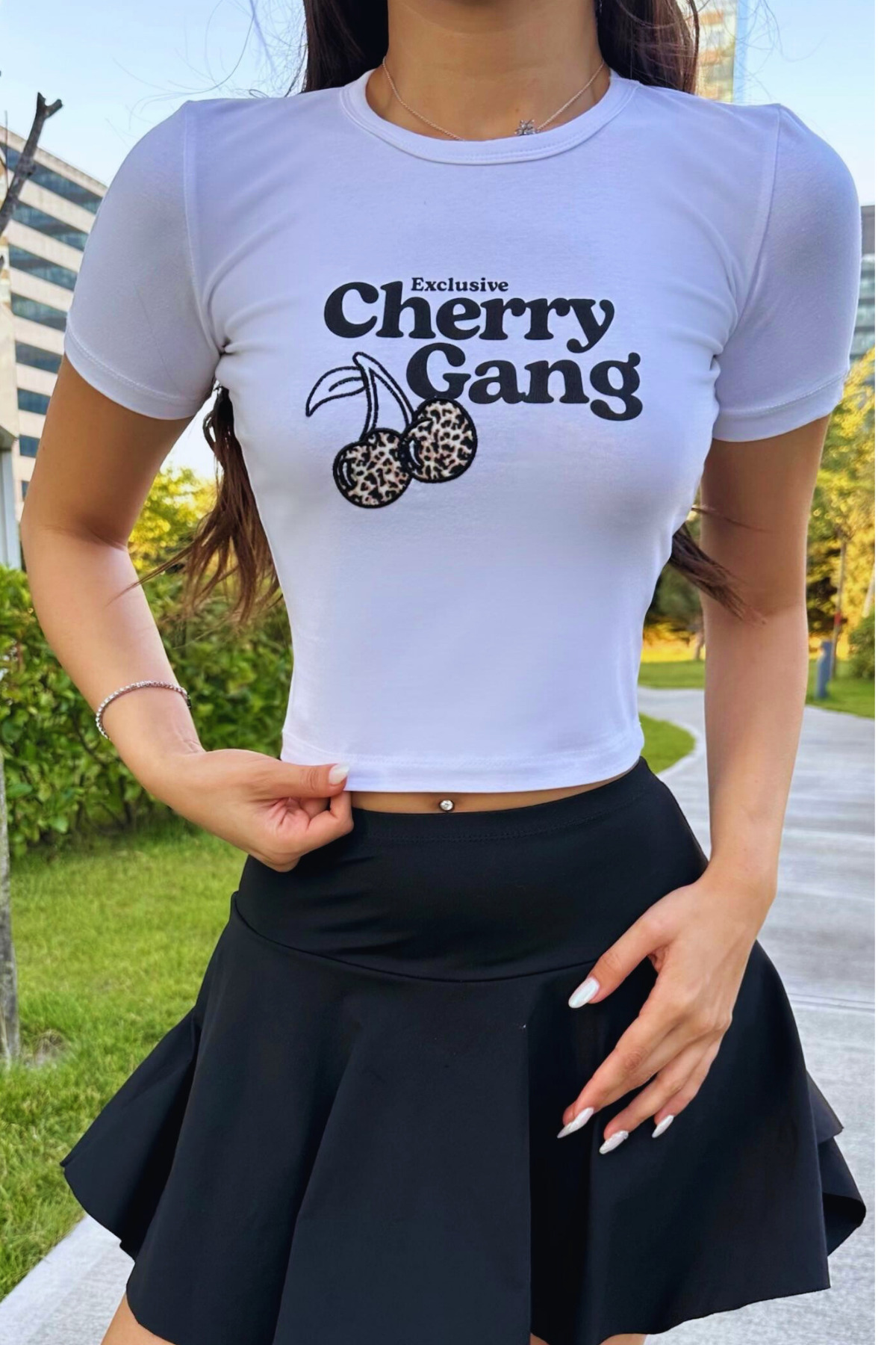 Streetwear Özel Cherry Baskılı T-shirt Beyaz 4