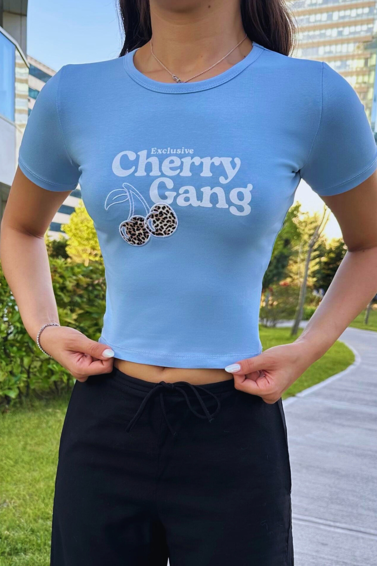 Streetwear Özel Cherry Baskılı T-shirt Mavi 5