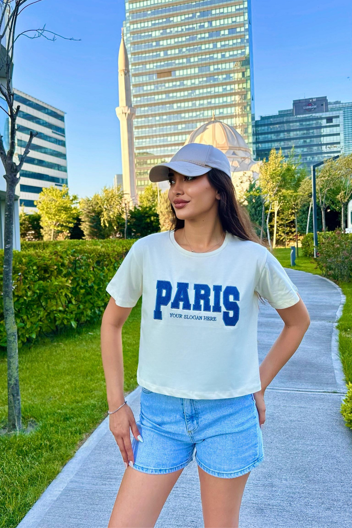Kadın Paris Baskılı Likralı Bisiklet Yaka Crop T-Shirt Sarı 6