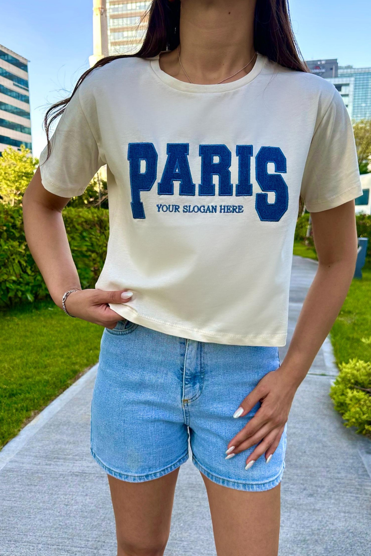 Kadın Paris Baskılı Likralı Bisiklet Yaka Crop T-Shirt Sarı 4