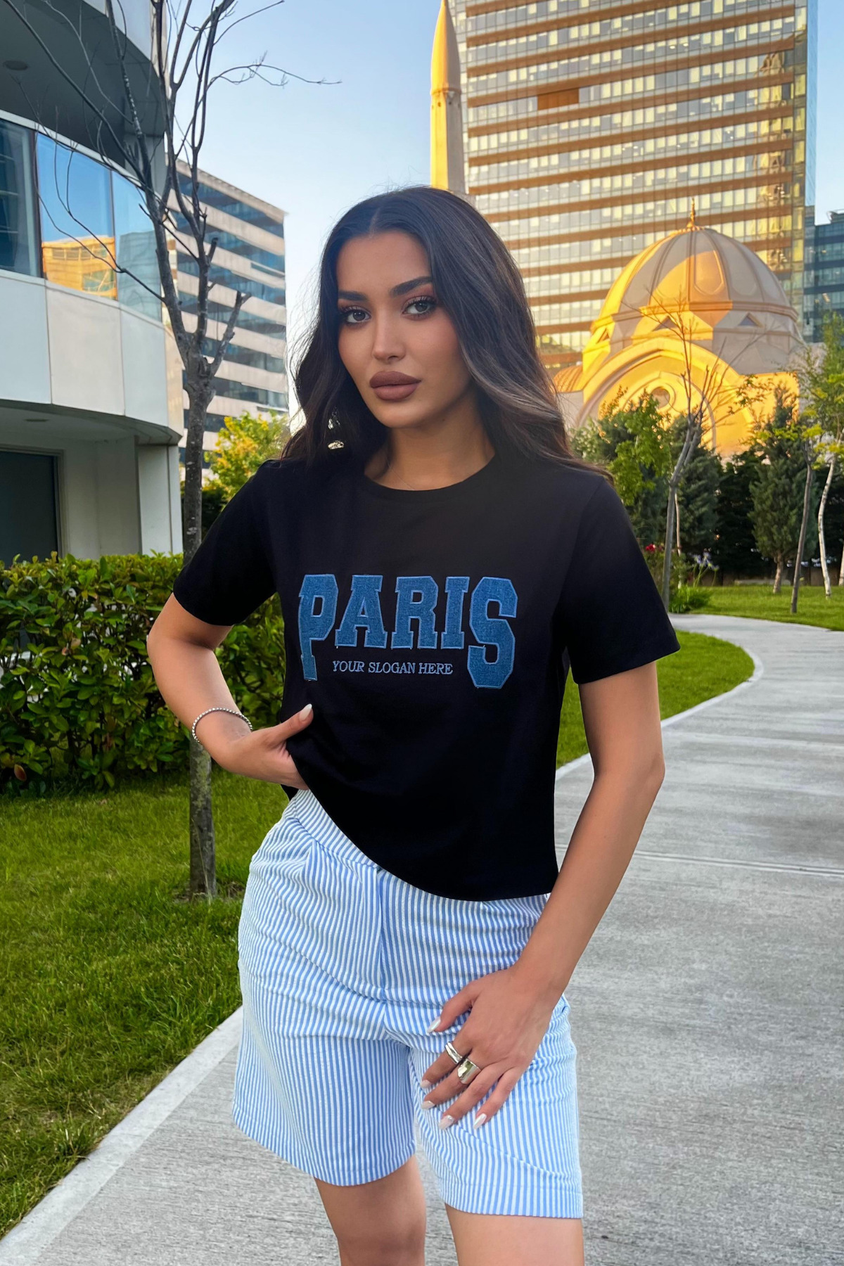 Kadın Paris Baskılı Likralı Bisiklet Yaka Crop T-Shirt Siyah 6