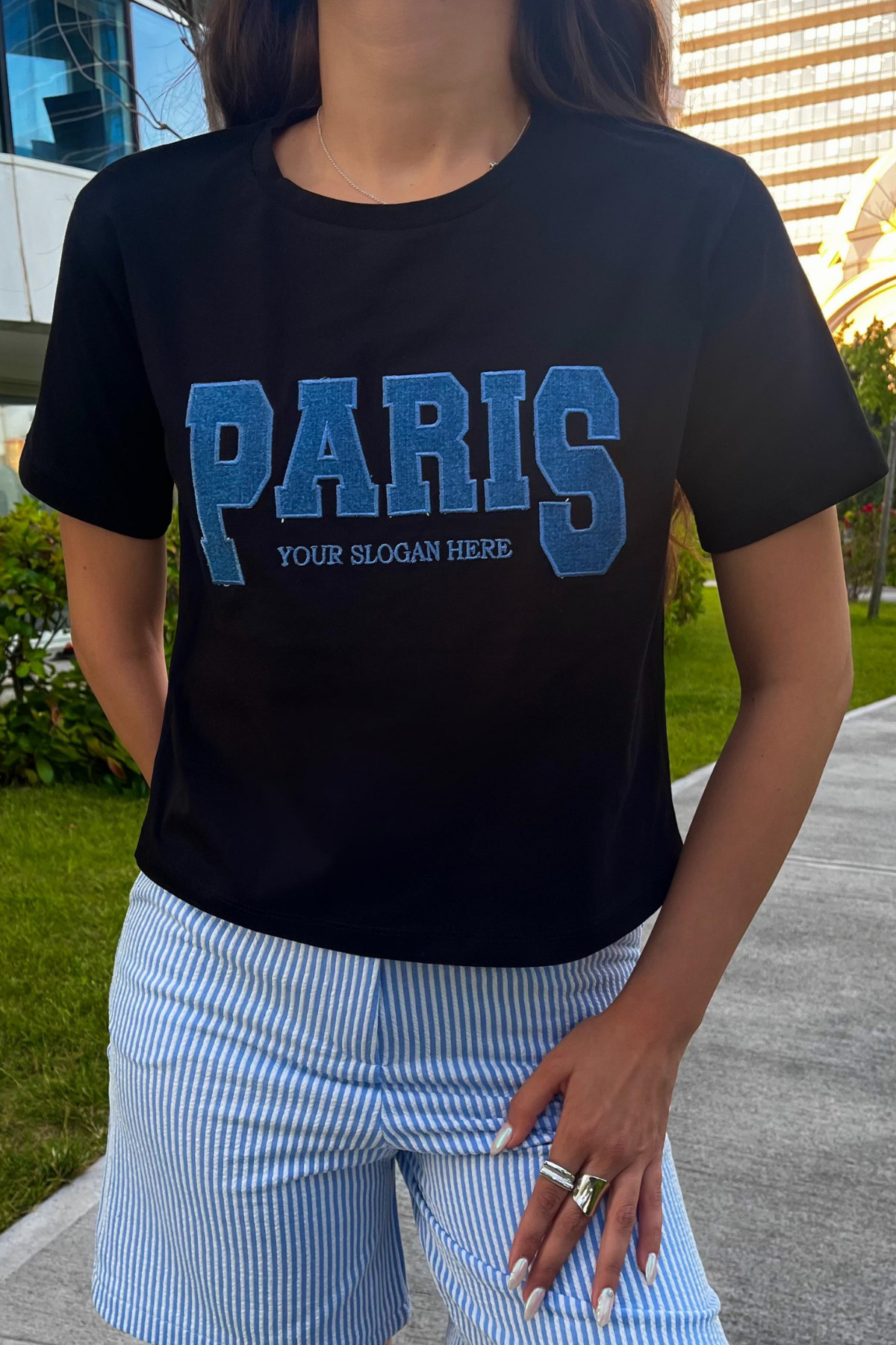 Kadın Paris Baskılı Likralı Bisiklet Yaka Crop T-Shirt Siyah 5