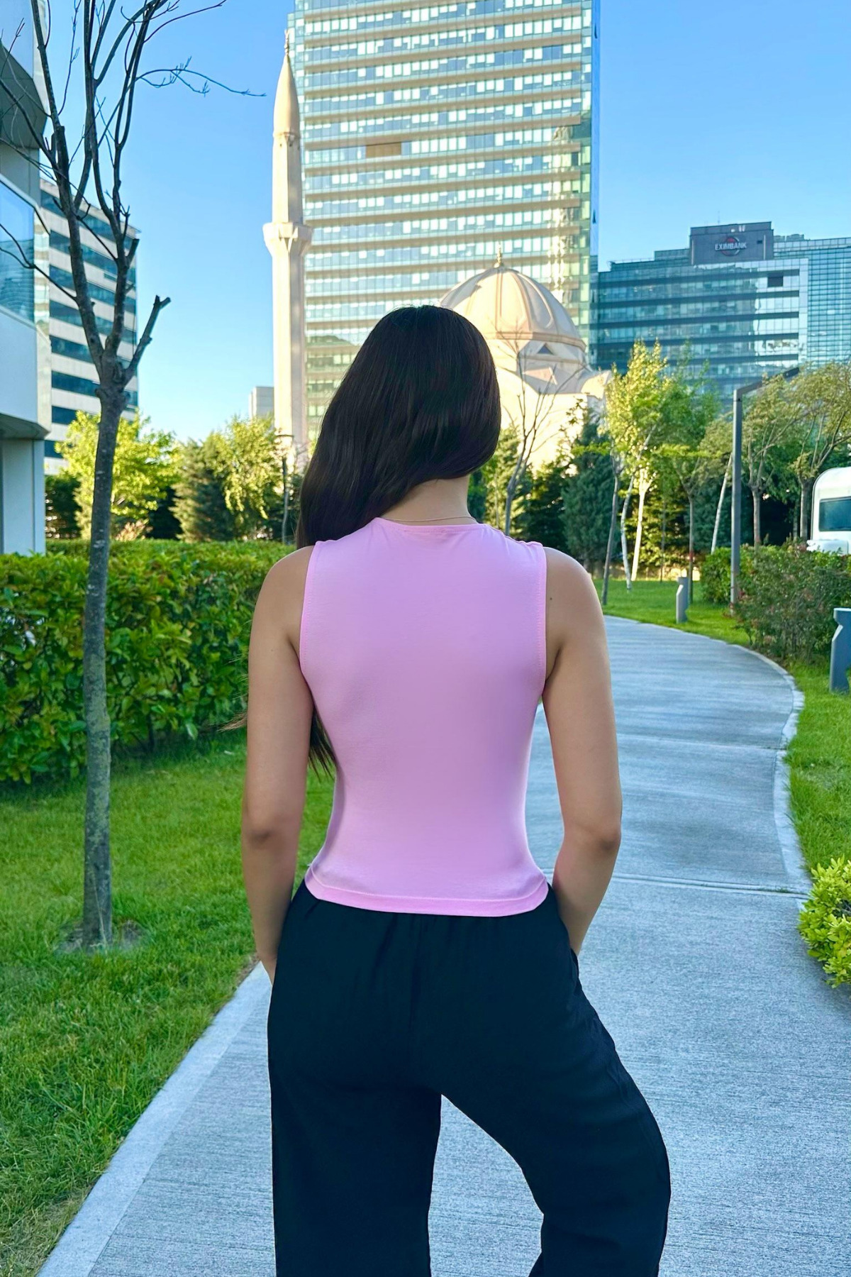 Kadın Likralı Sıfır Kol Crop Atlet Pembe 3