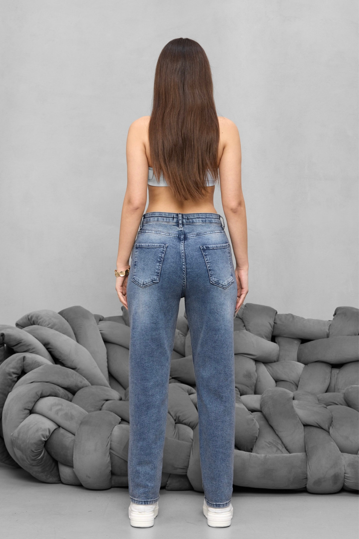 Kadın Yüksek Bel Likralı Yumuşak dokulu Comfort Mom Jeans Mavi 4