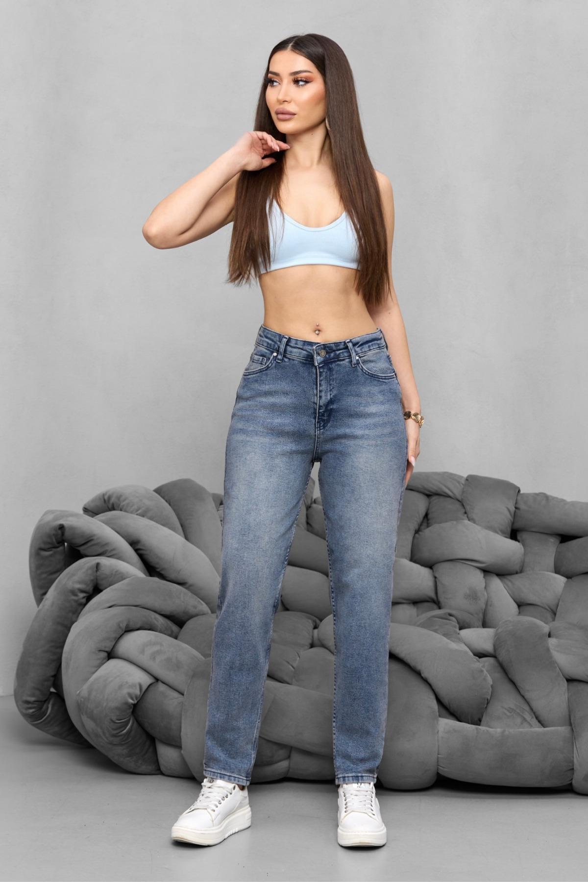 Kadın Yüksek Bel Likralı Yumuşak dokulu Comfort Mom Jeans Mavi 7