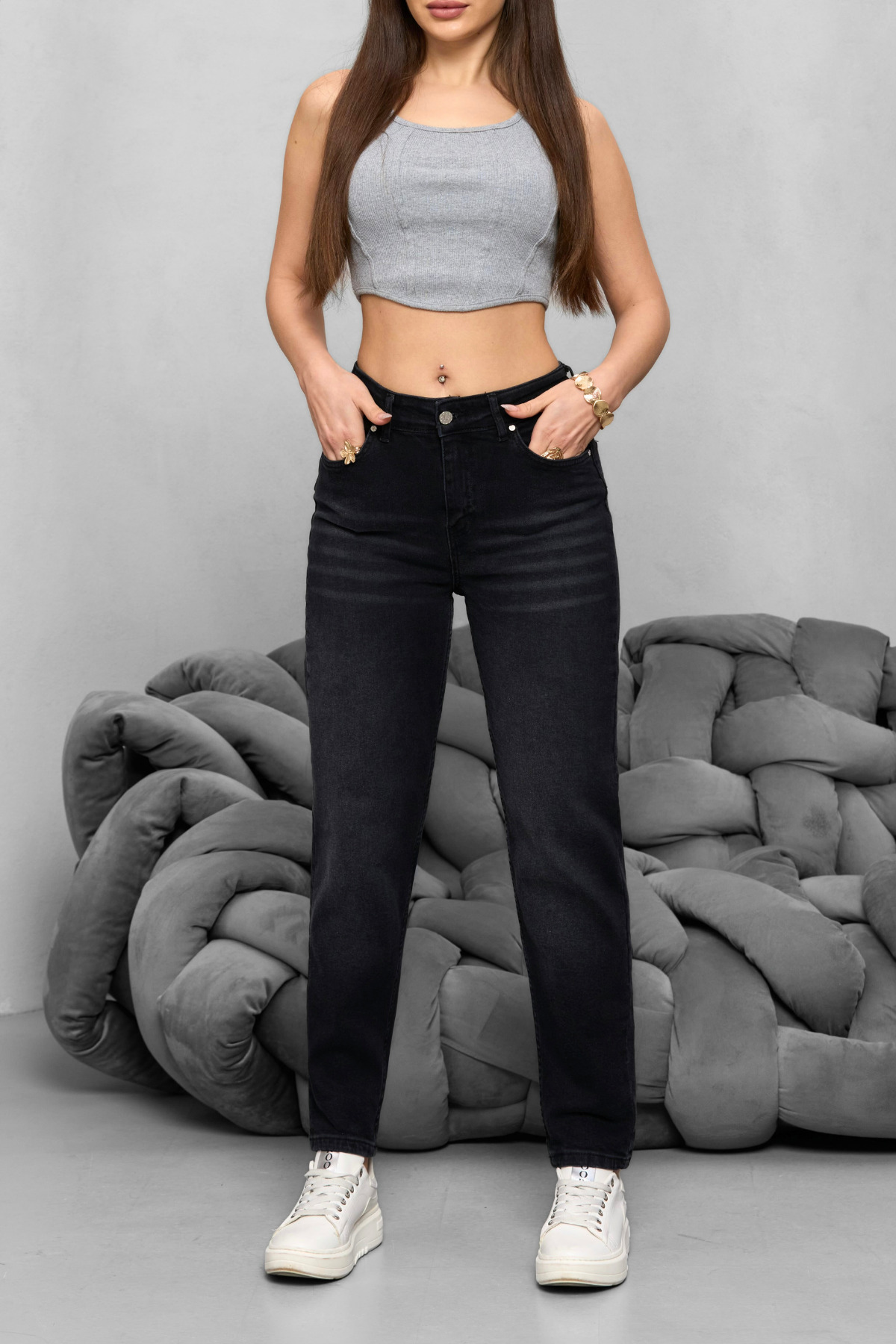 Kadın Yüksek Bel Likralı Yumuşak dokulu Comfort Mom Jeans Siyah 4