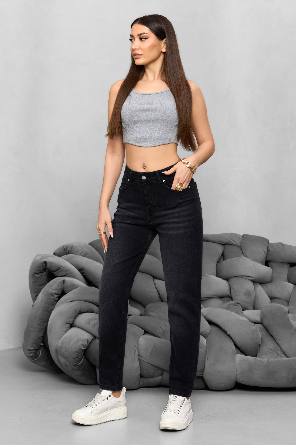 Kadın Yüksek Bel Likralı Yumuşak dokulu Comfort Mom Jeans Siyah 7
