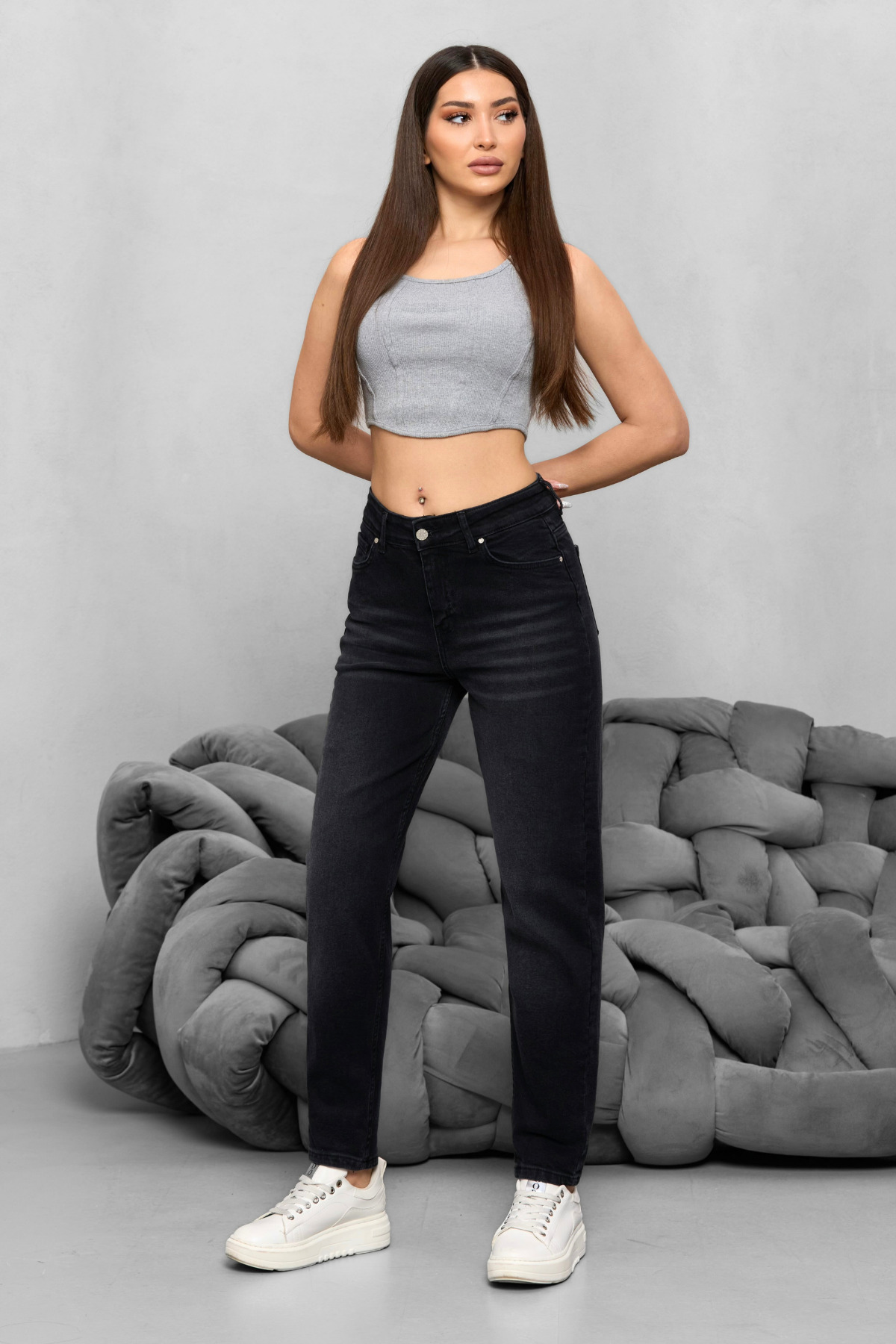 Kadın Yüksek Bel Likralı Yumuşak dokulu Comfort Mom Jeans Siyah 8