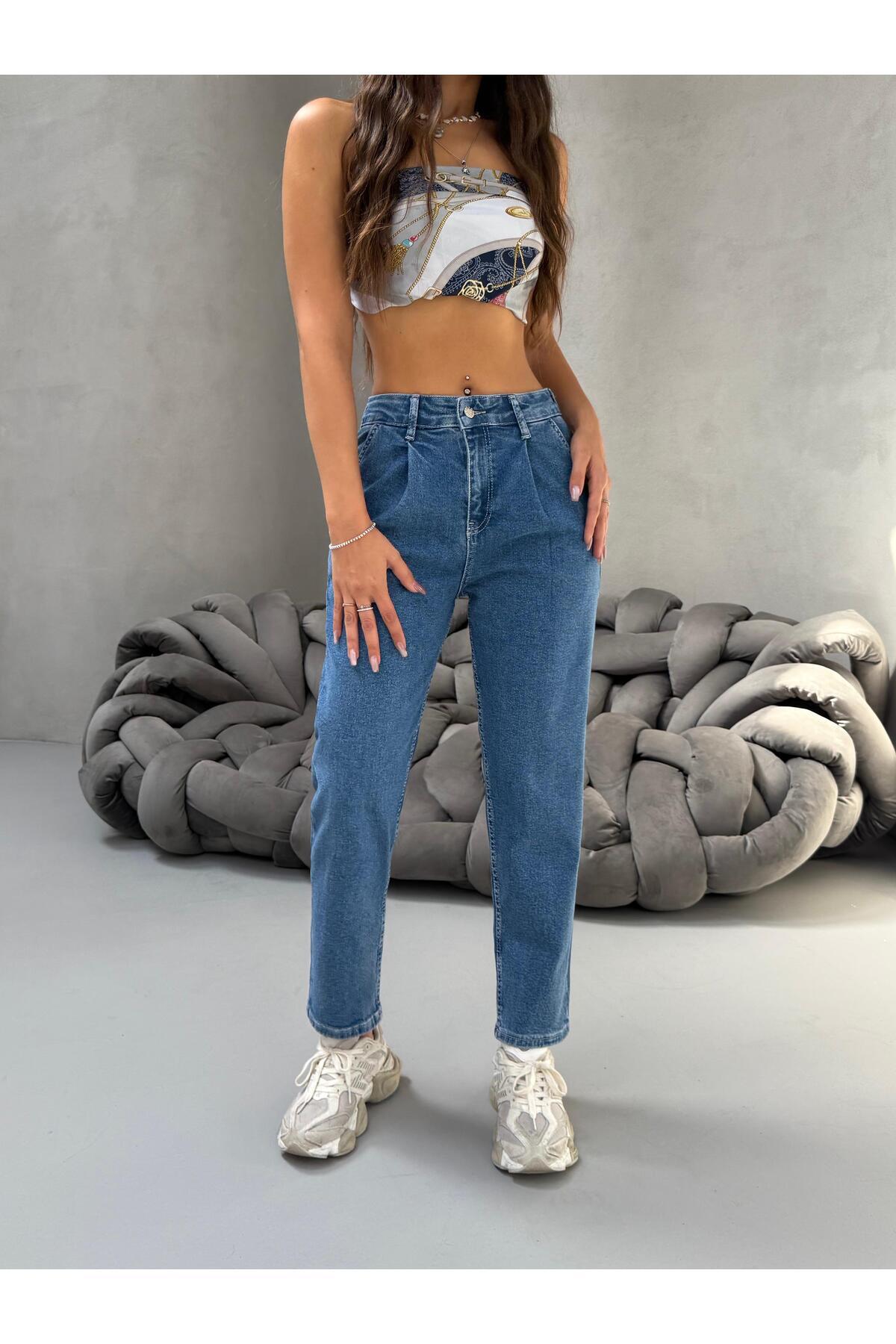 Kadın Yüksek Bel Boyfriend Likralı Pileli Mom Jeans Mavi 6