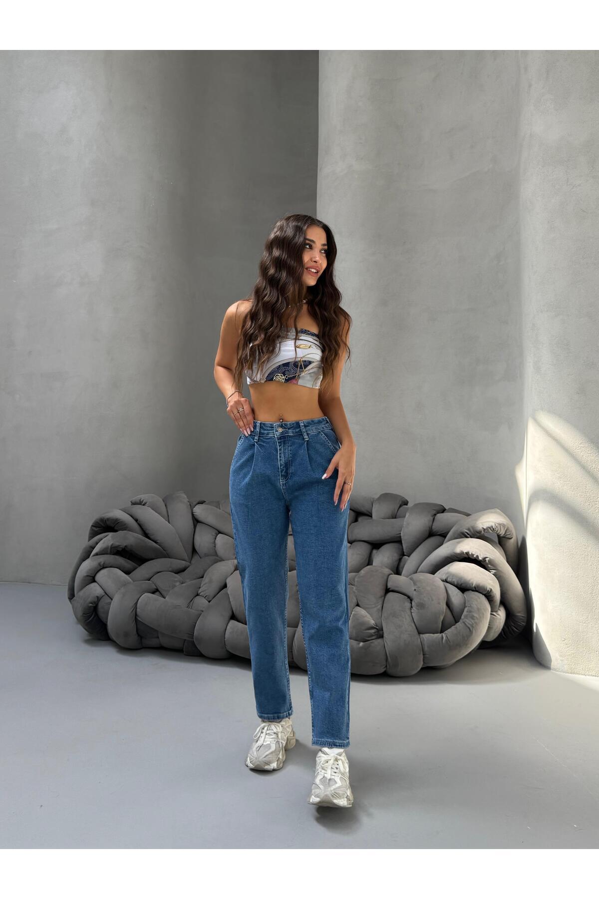 Kadın Yüksek Bel Boyfriend Likralı Pileli Mom Jeans Mavi 8