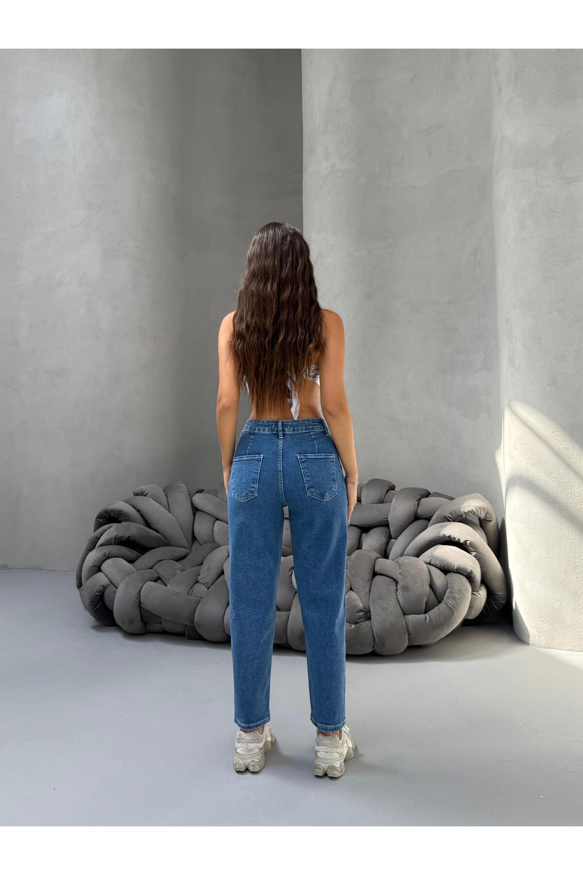 Kadın Yüksek Bel Boyfriend Likralı Pileli Mom Jeans Mavi 4