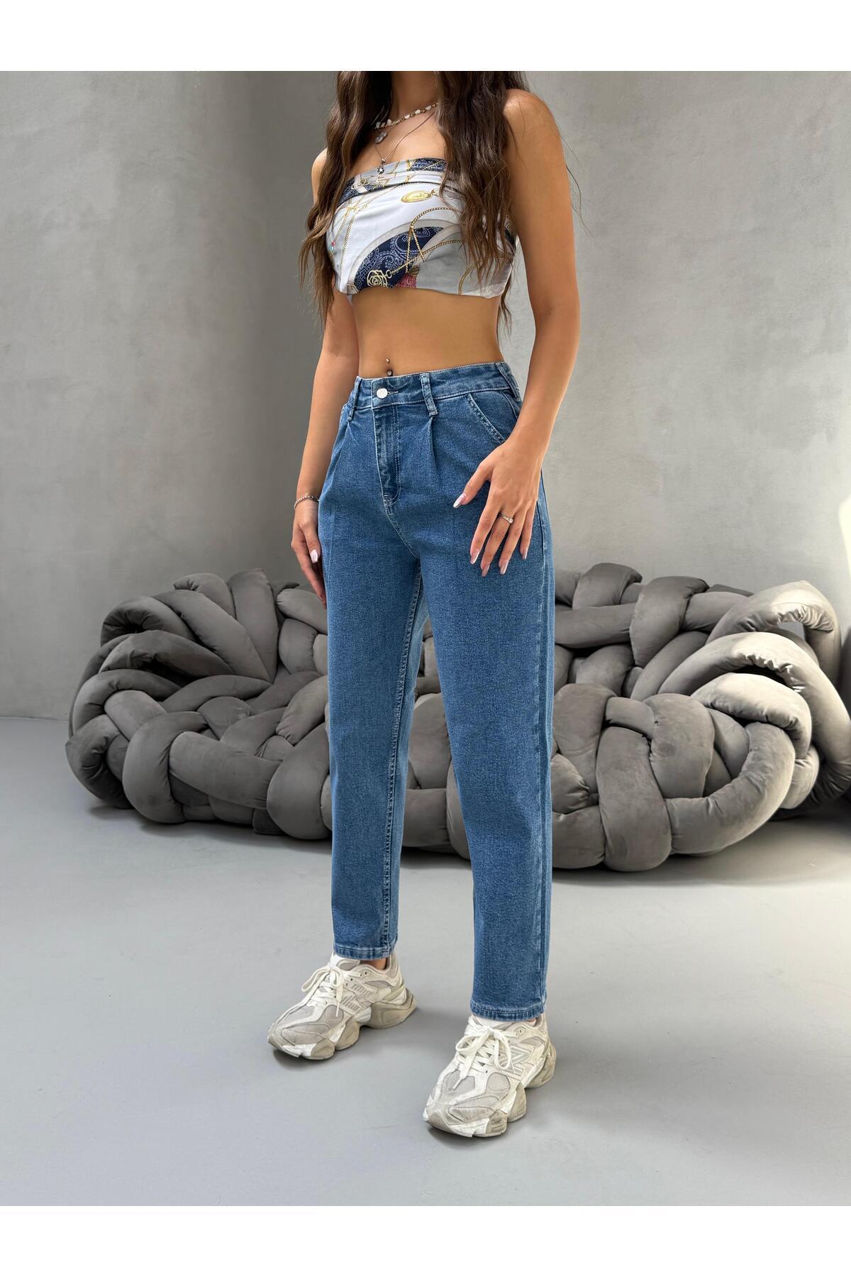 Kadın Yüksek Bel Boyfriend Likralı Pileli Mom Jeans Mavi 5