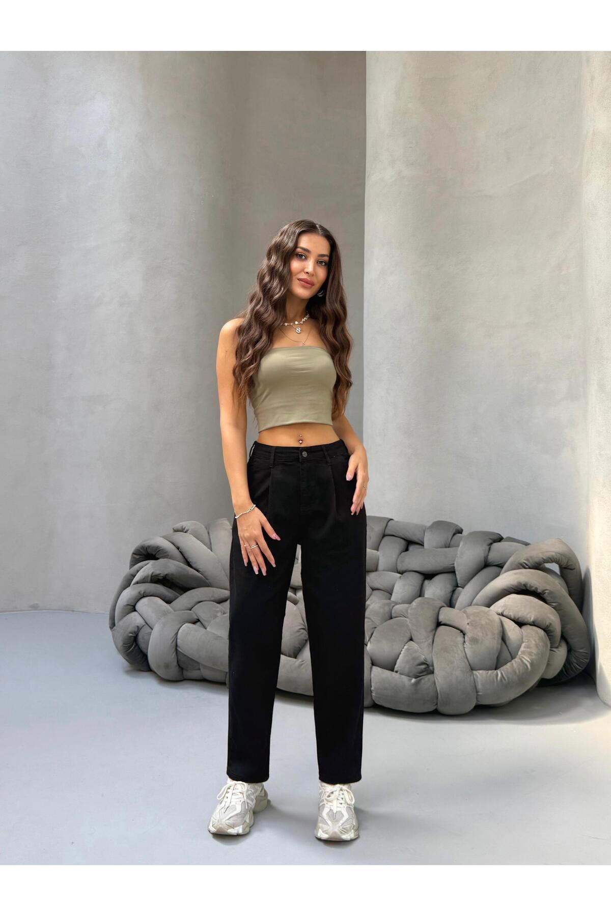 Kadın Yüksek Bel Boyfriend Likralı Pileli Mom Jeans Siyah 5