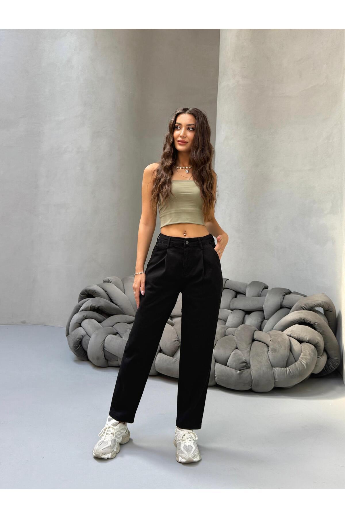 Kadın Yüksek Bel Boyfriend Likralı Pileli Mom Jeans Siyah 8
