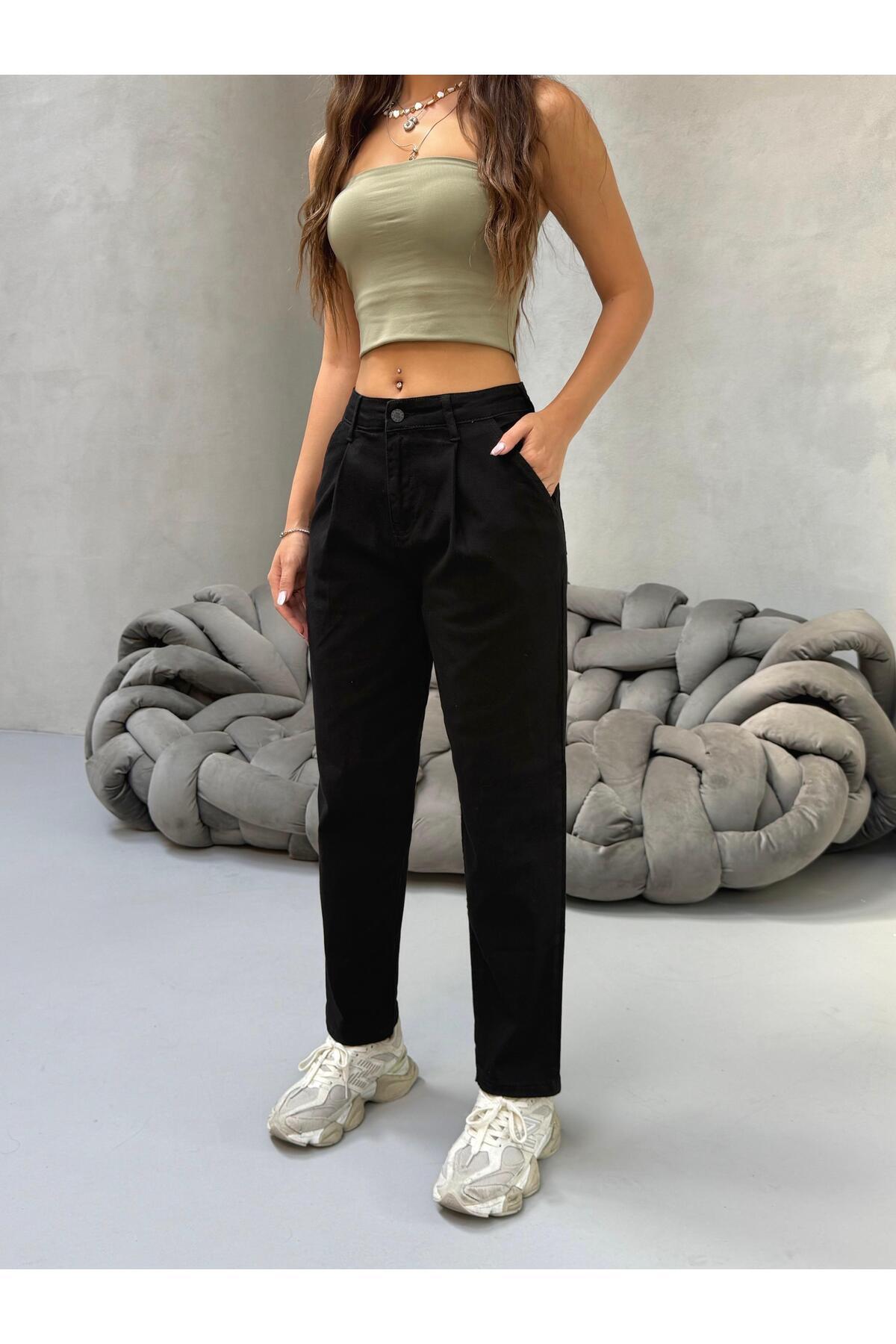 Kadın Yüksek Bel Boyfriend Likralı Pileli Mom Jeans Siyah 7