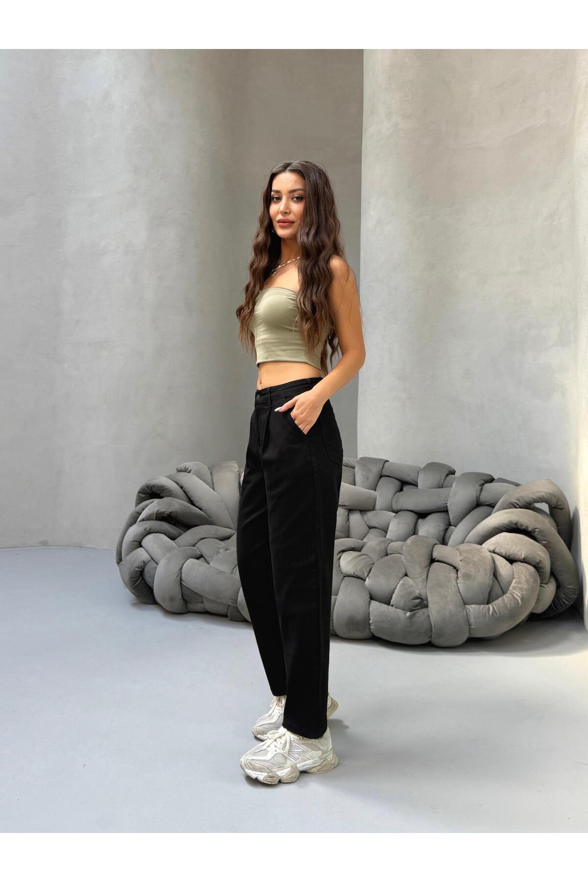 Kadın Yüksek Bel Boyfriend Likralı Pileli Mom Jeans Siyah 6