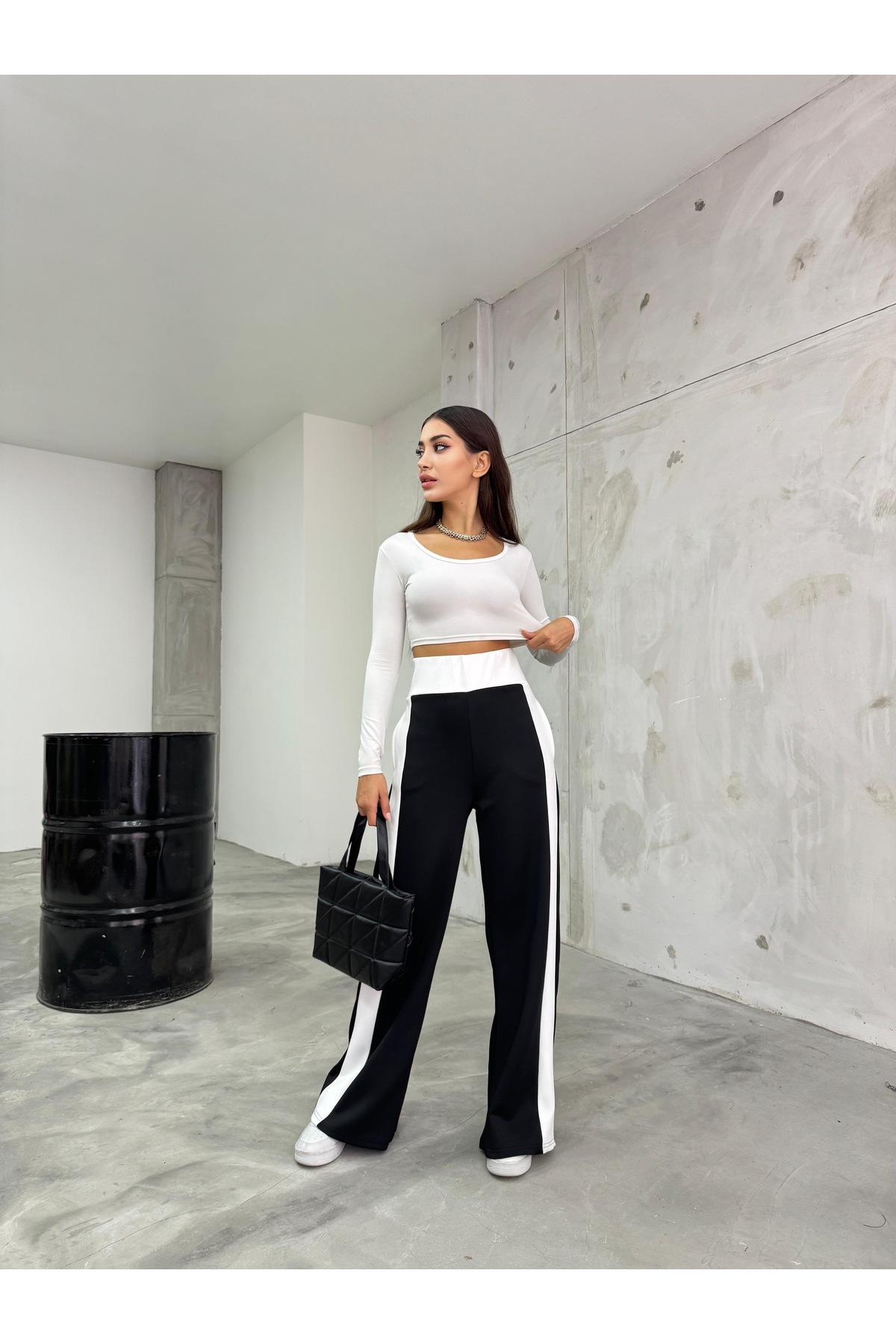 Kadın Siyah Yanı Şeritli Scuba Wide Leg Pantolon 7