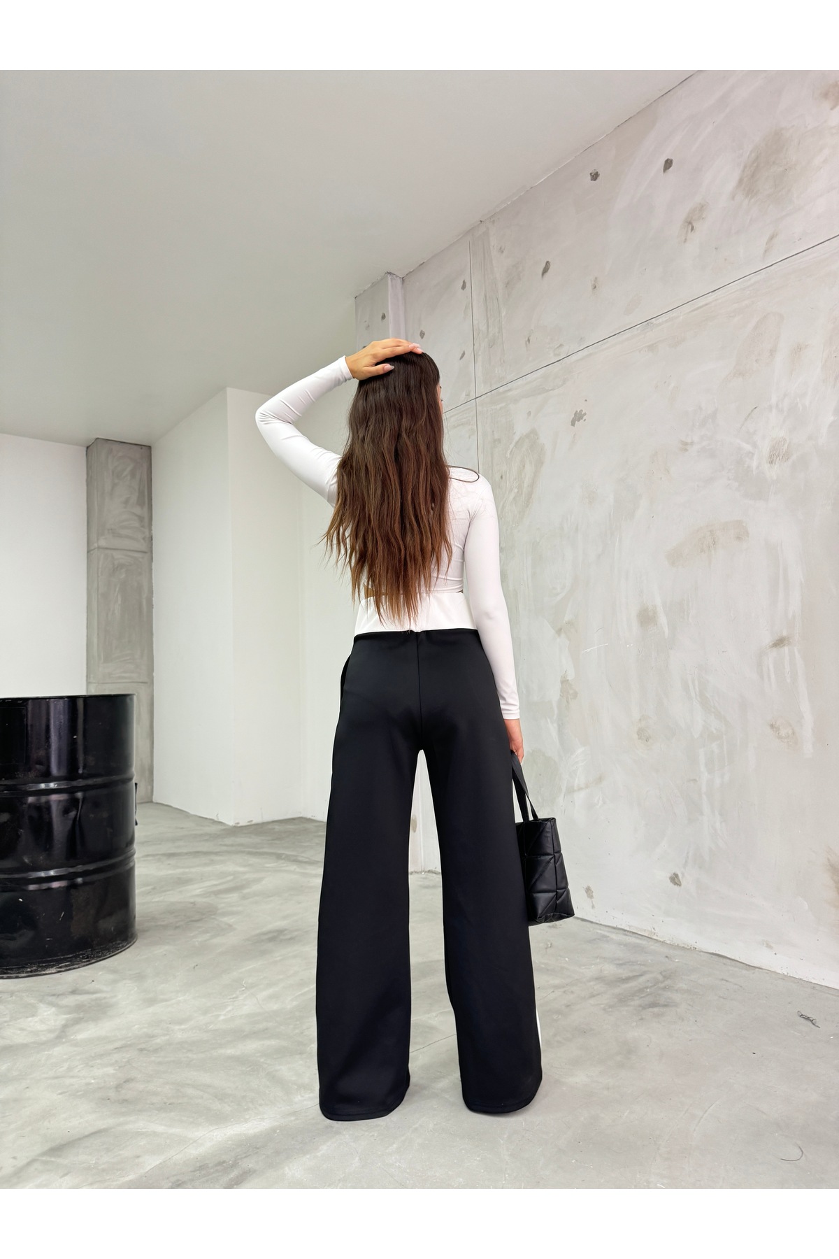 Kadın Siyah Yanı Şeritli Scuba Wide Leg Pantolon 5