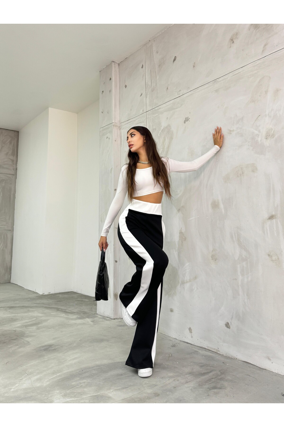 Kadın Siyah Yanı Şeritli Scuba Wide Leg Pantolon 8