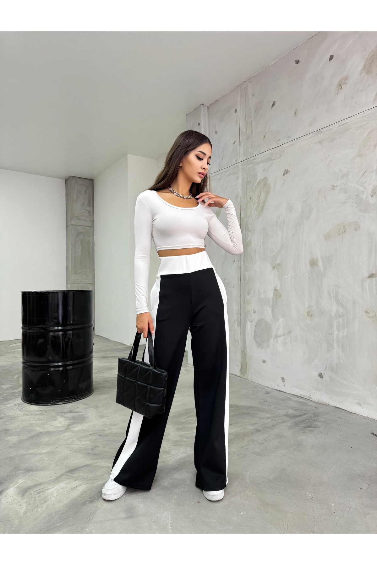 Kadın Siyah Yanı Şeritli Scuba Wide Leg Pantolon 6