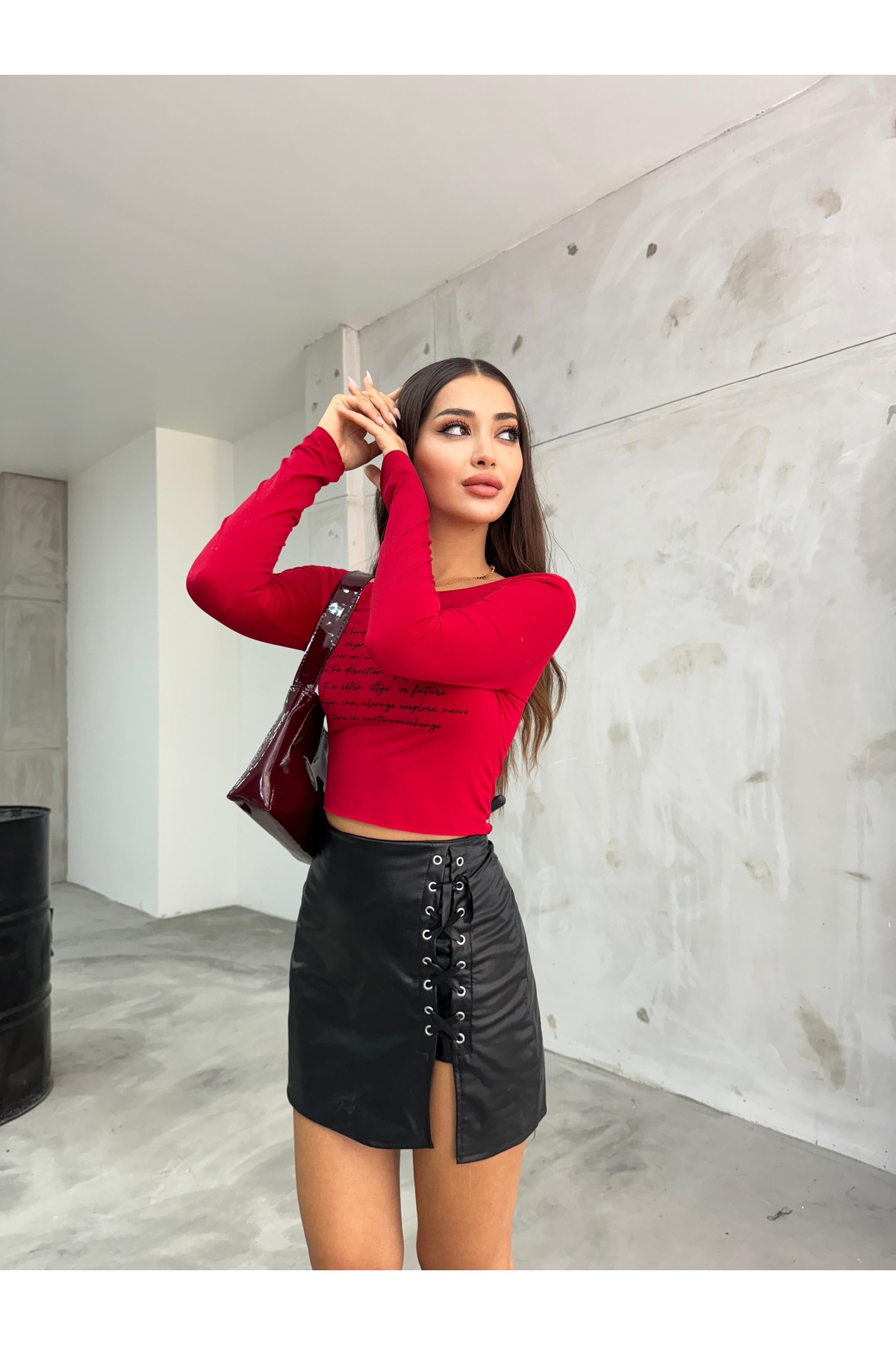 Kadın Baskılı Esnek Sandy Crop Bluz Kırmızı 5
