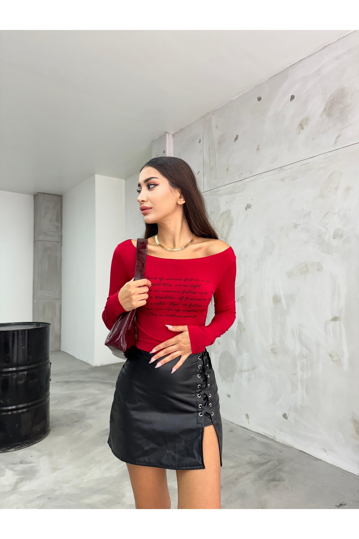 Kadın Baskılı Esnek Sandy Crop Bluz Kırmızı 6