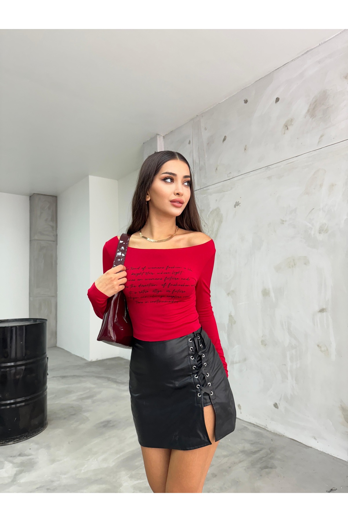 Kadın Baskılı Esnek Sandy Crop Bluz Kırmızı 4