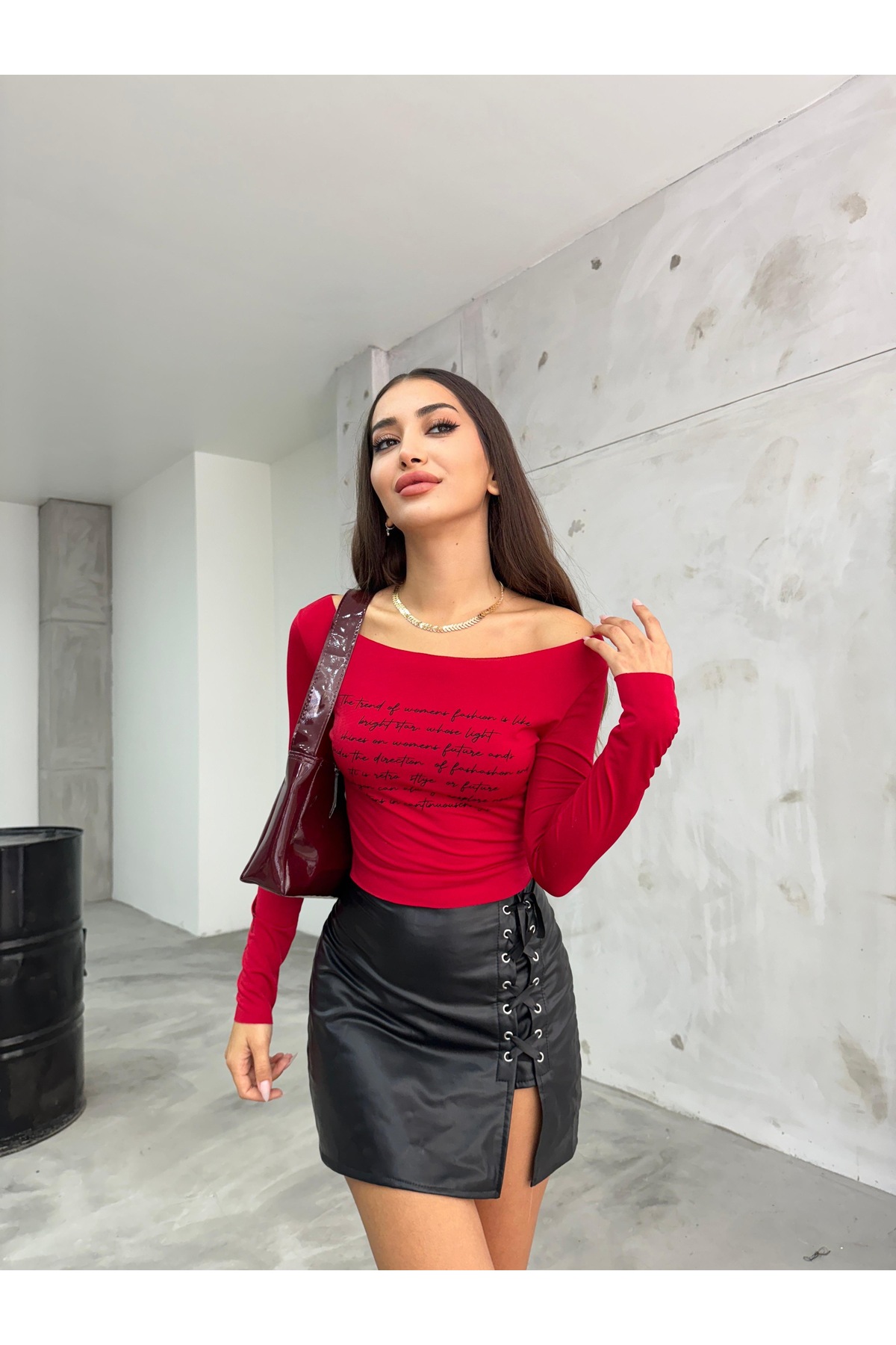 Kadın Baskılı Esnek Sandy Crop Bluz Kırmızı 7