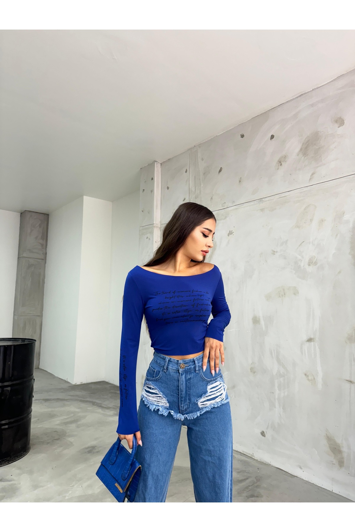 Kadın Baskılı Esnek Sandy Crop Bluz Lacivert 5