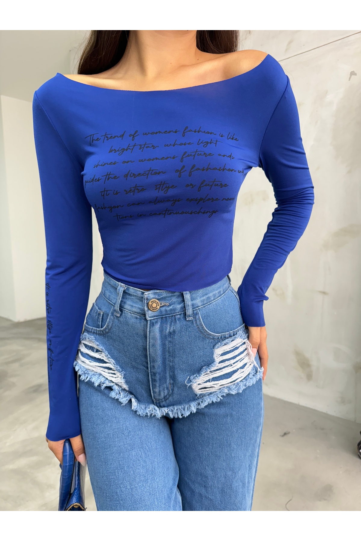 Kadın Baskılı Esnek Sandy Crop Bluz Lacivert 8