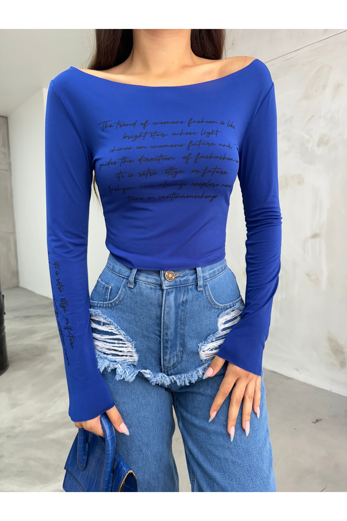 Kadın Baskılı Esnek Sandy Crop Bluz Lacivert 7