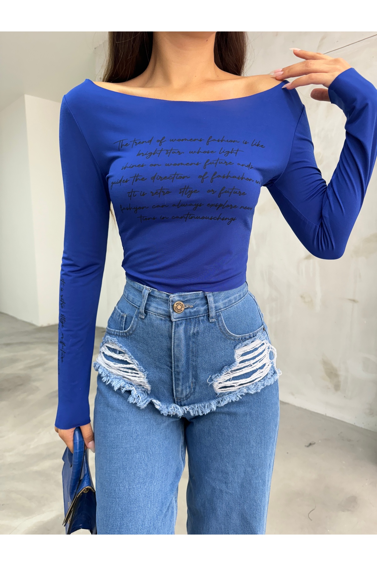 Kadın Baskılı Esnek Sandy Crop Bluz Lacivert 6