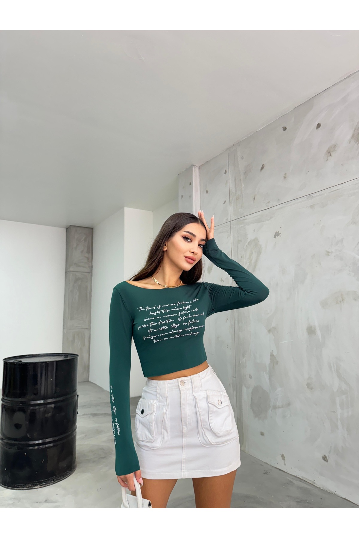 Kadın Baskılı Esnek Sandy Crop Bluz Yeşil 5