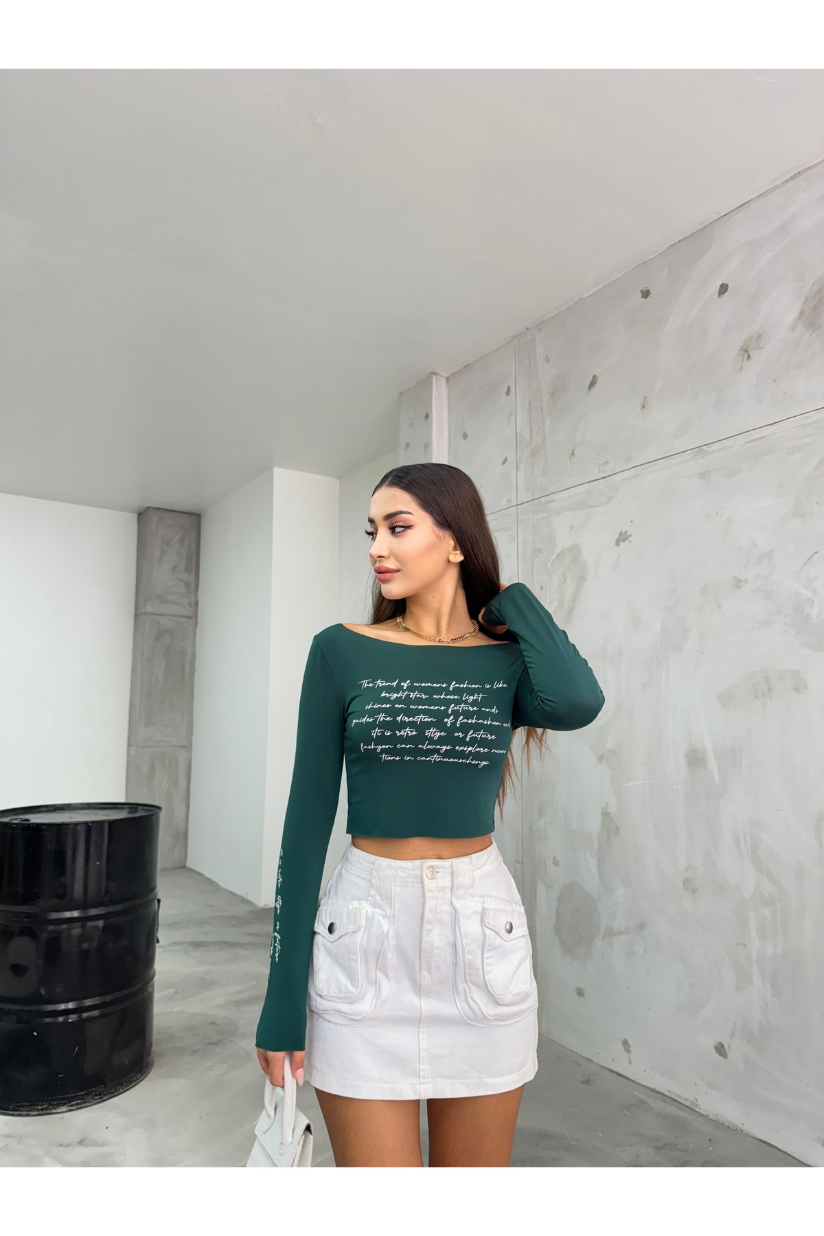 Kadın Baskılı Esnek Sandy Crop Bluz Yeşil 6