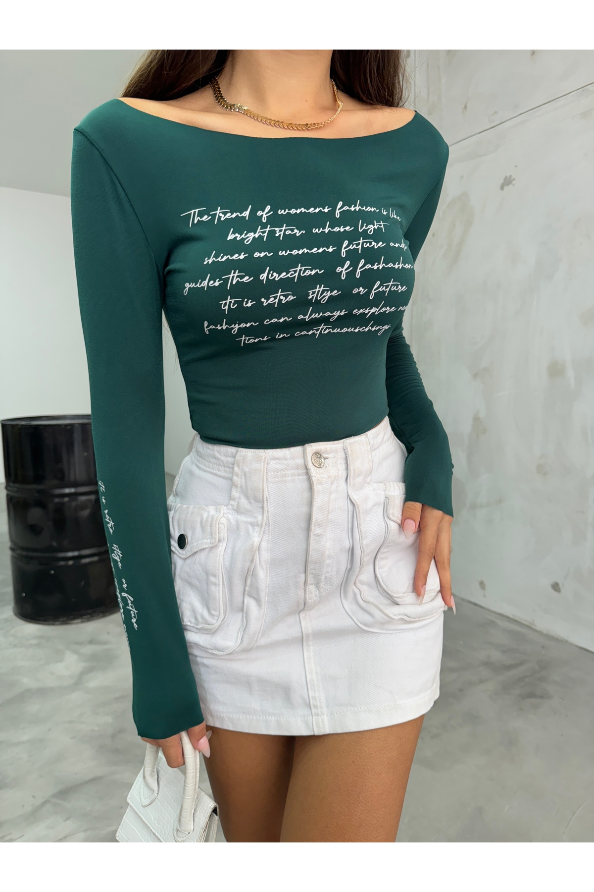 Kadın Baskılı Esnek Sandy Crop Bluz Yeşil 7