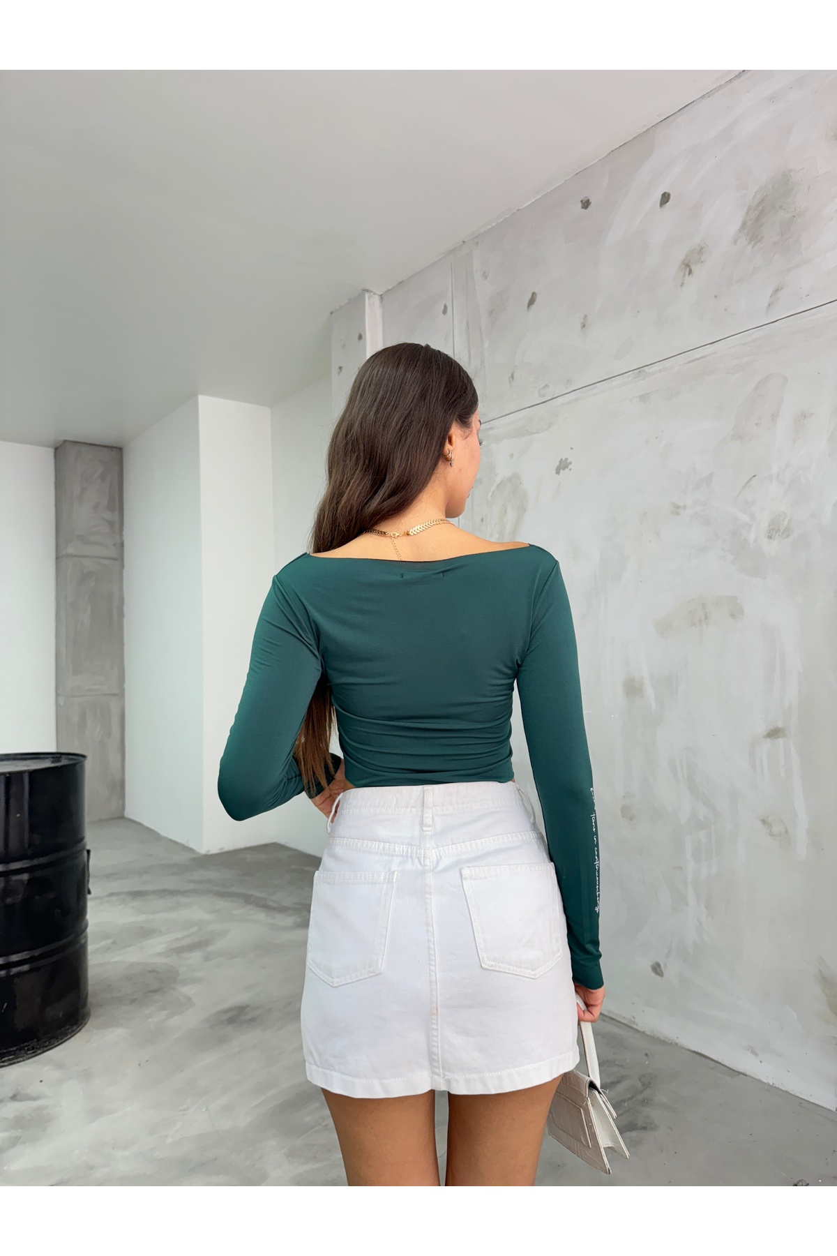 Kadın Baskılı Esnek Sandy Crop Bluz Yeşil 3
